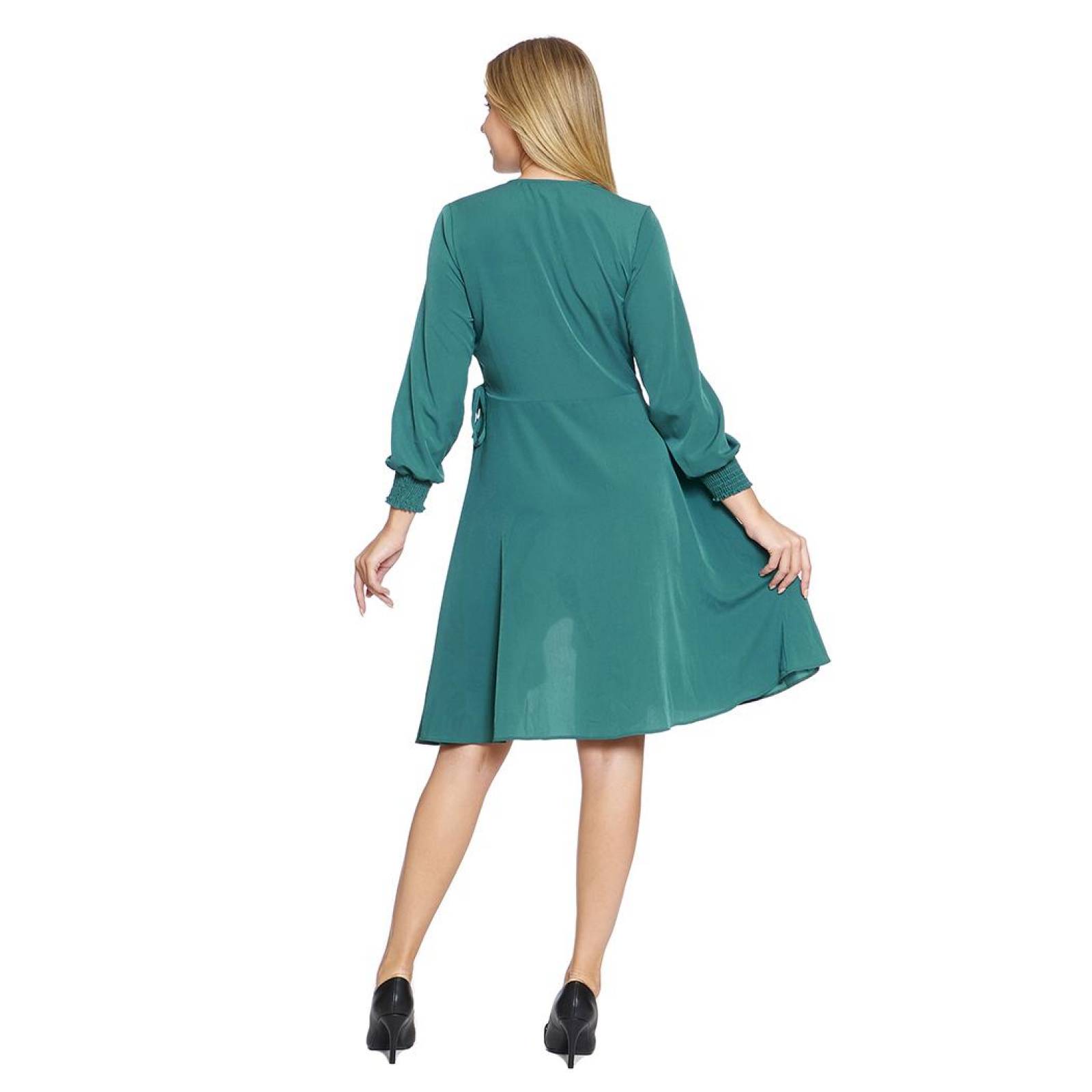 Vestido Para Mujer Escote Con Nudo Envolvente Manga Larga Color Verde Moda Casual Formal 330725 