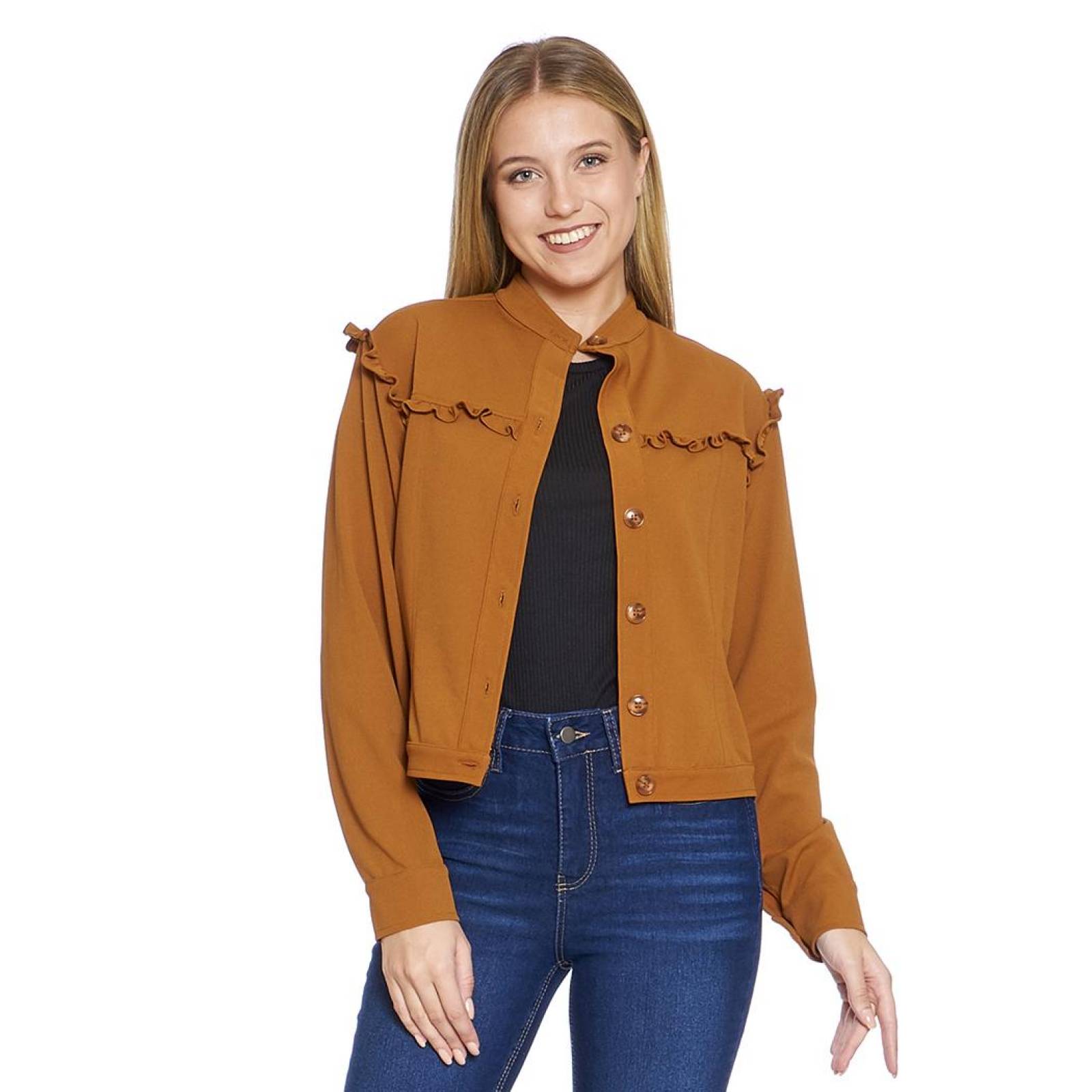 Chamarra Para Mujer Camel Con Olanes Estilo Casual Semi Formal 330731 