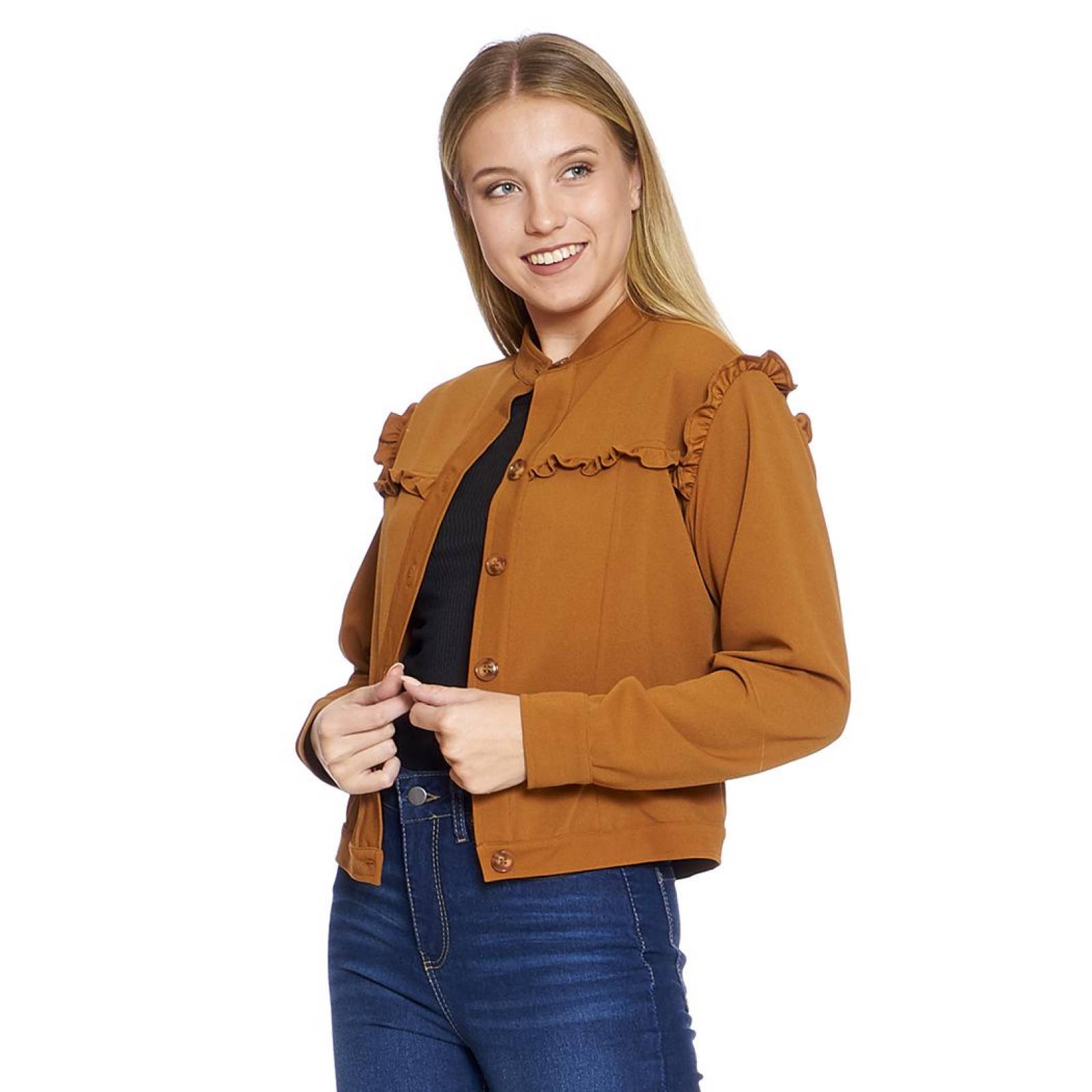 Chamarra Para Mujer Camel Con Olanes Estilo Casual Semi Formal 330731 