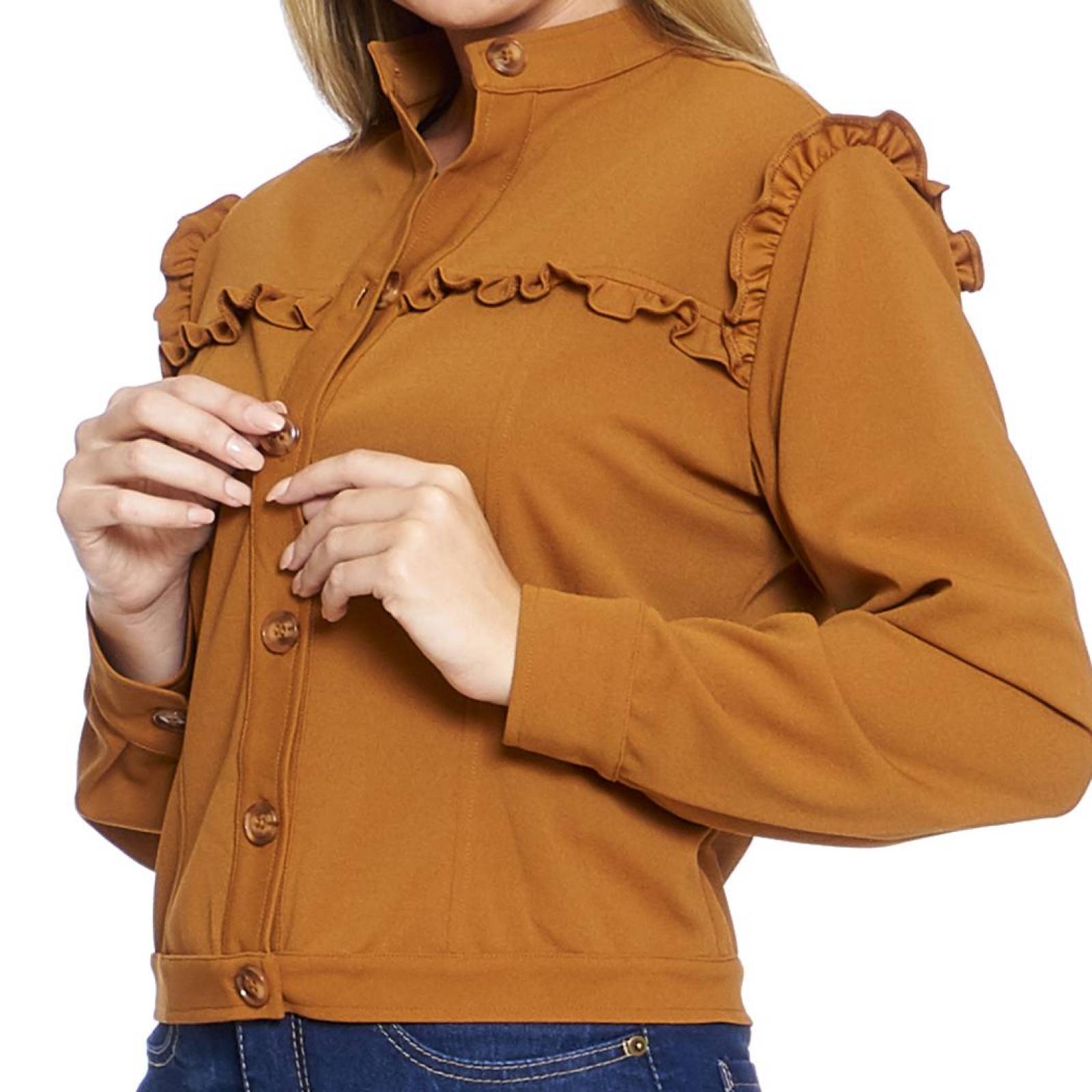 Chamarra Para Mujer Camel Con Olanes Estilo Casual Semi Formal 330731 