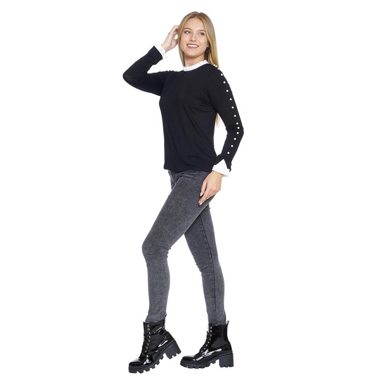 Blusa Para Mujer Manga Larga Perlas Con Olanes Color Negro Blanco Casual Formal Juvenil 330736 