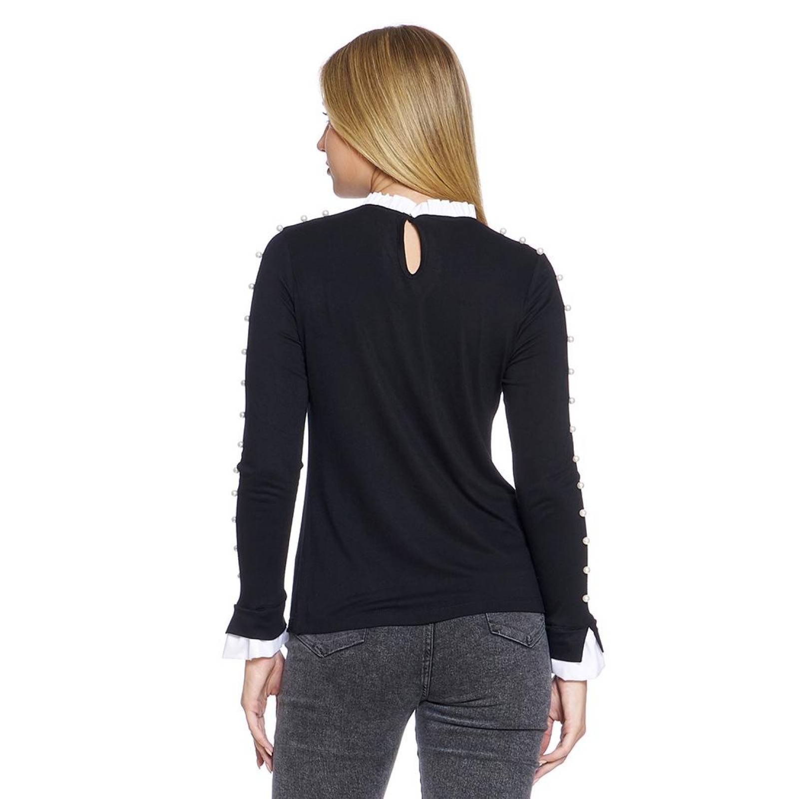 Blusa Para Mujer Manga Larga Perlas Con Olanes Color Negro Blanco Casual Formal Juvenil 330736 