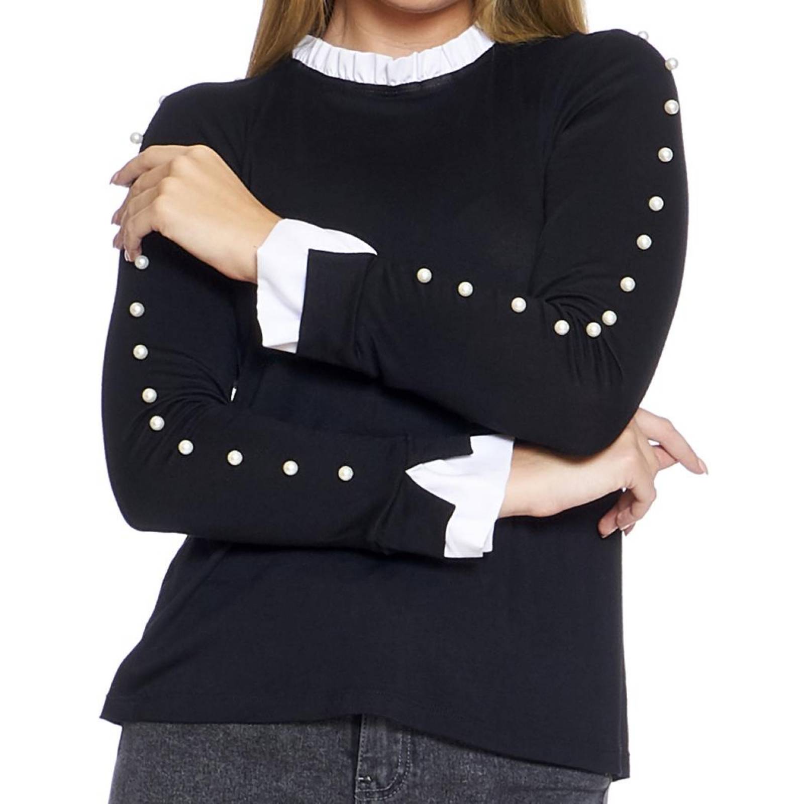 Blusa Para Mujer Manga Larga Perlas Con Olanes Color Negro Blanco Casual Formal Juvenil 330736 