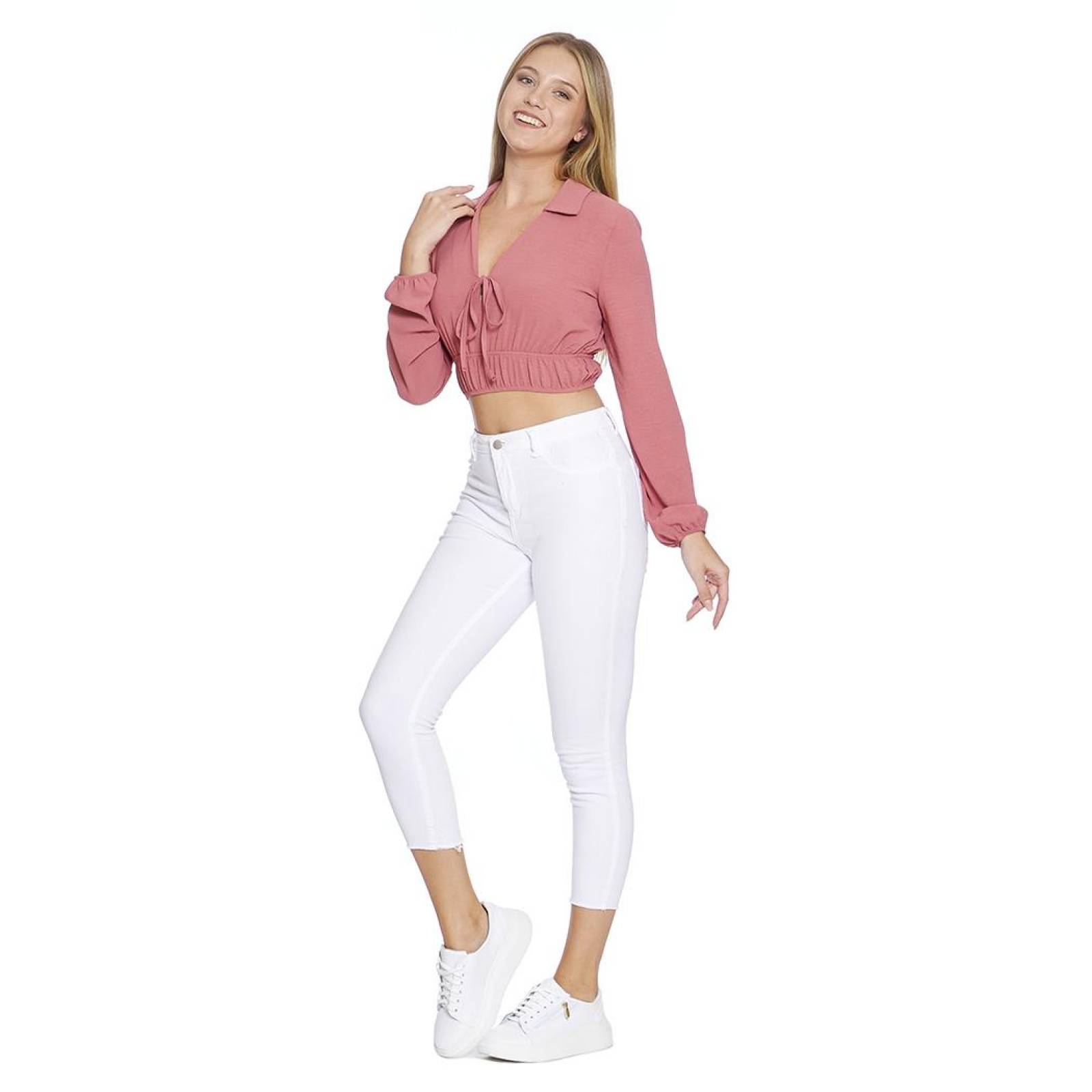 Blusa Para Mujer Top Manga Larga , Cuello , Plisado y Jareta Color Palo De Rosa Juvenil 330740 