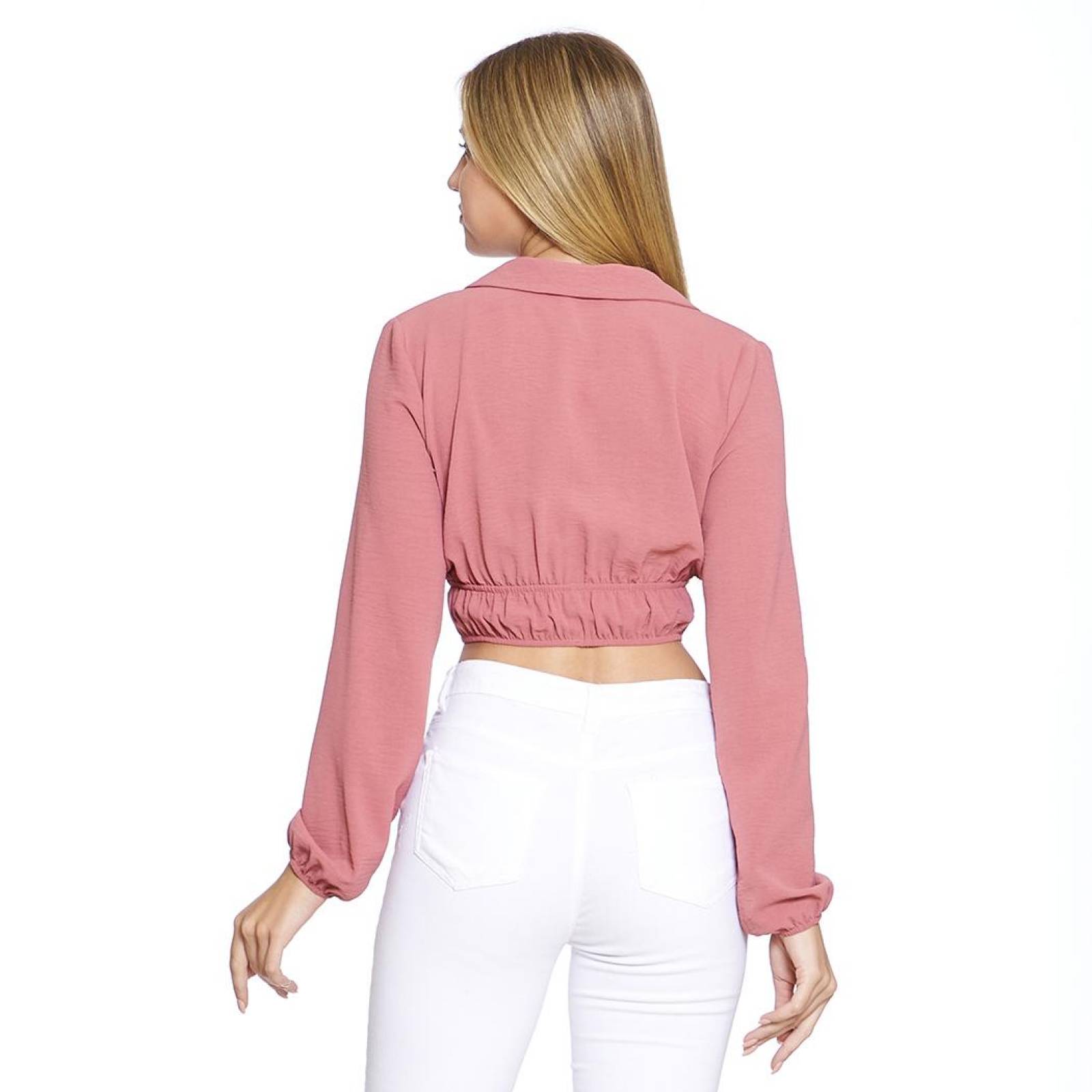 Blusa Para Mujer Top Manga Larga , Cuello , Plisado y Jareta Color Palo De Rosa Juvenil 330740 