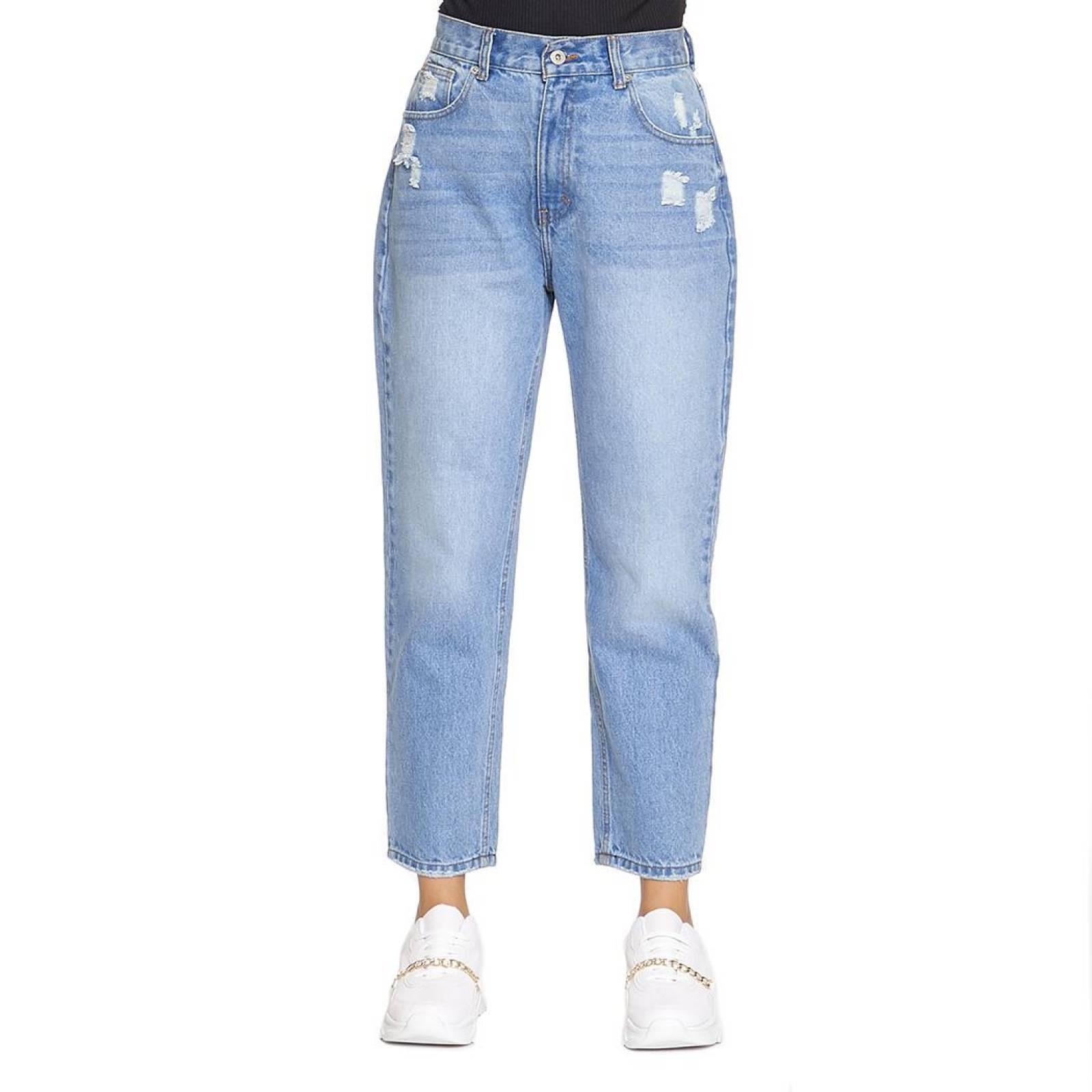 Jeans Mom Fit Tiro Alto Rasgado Para Mujer Moda Casual Juvenil Stone 110107