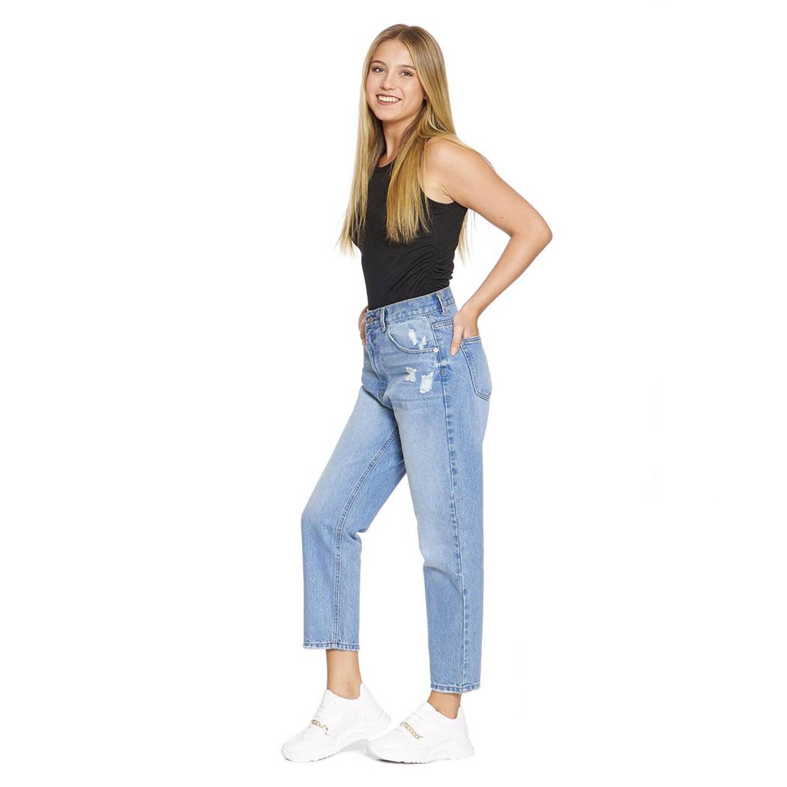 Jeans Mom Fit Tiro Alto Rasgado Para Mujer Moda Casual Juvenil Stone 110107