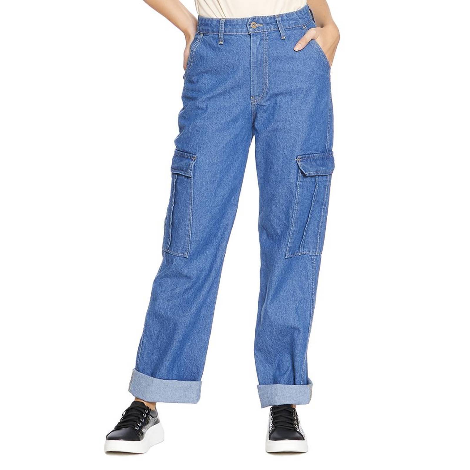 Pantalón Jeans Mom Tiro Alto Wide Leg Cargo Para Mujer Juvenil Cómodo 110109