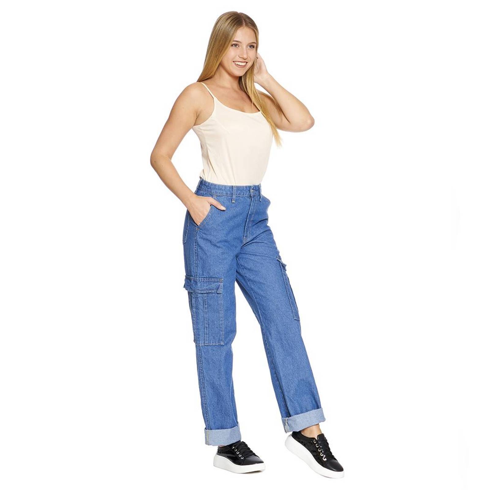 Pantalón Jeans Mom Tiro Alto Wide Leg Cargo Para Mujer Juvenil Cómodo 110109 