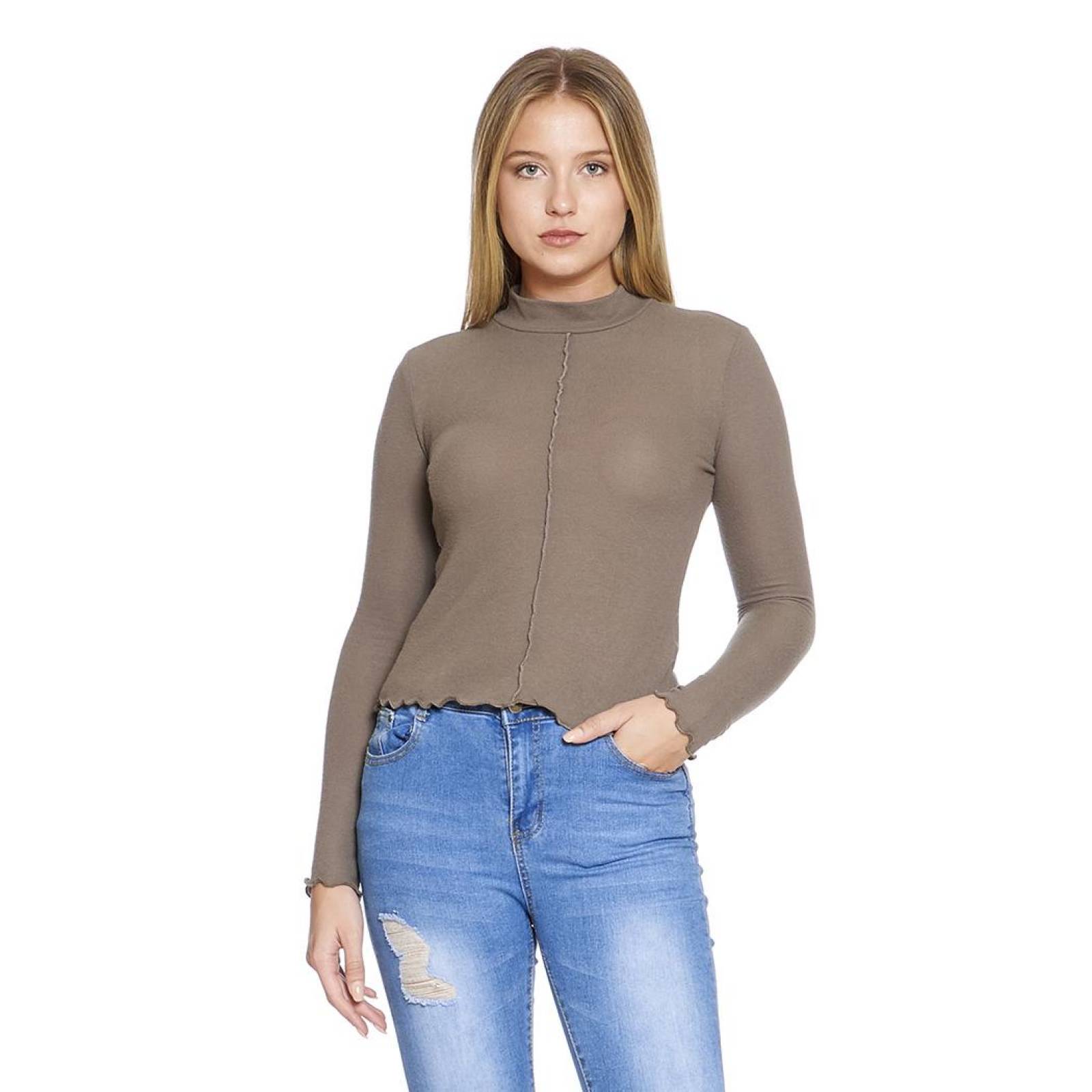 Blusa Lisa Para Mujer Manga Larga Cuello Alto Casual Ajustada Color Cocoa 330705 