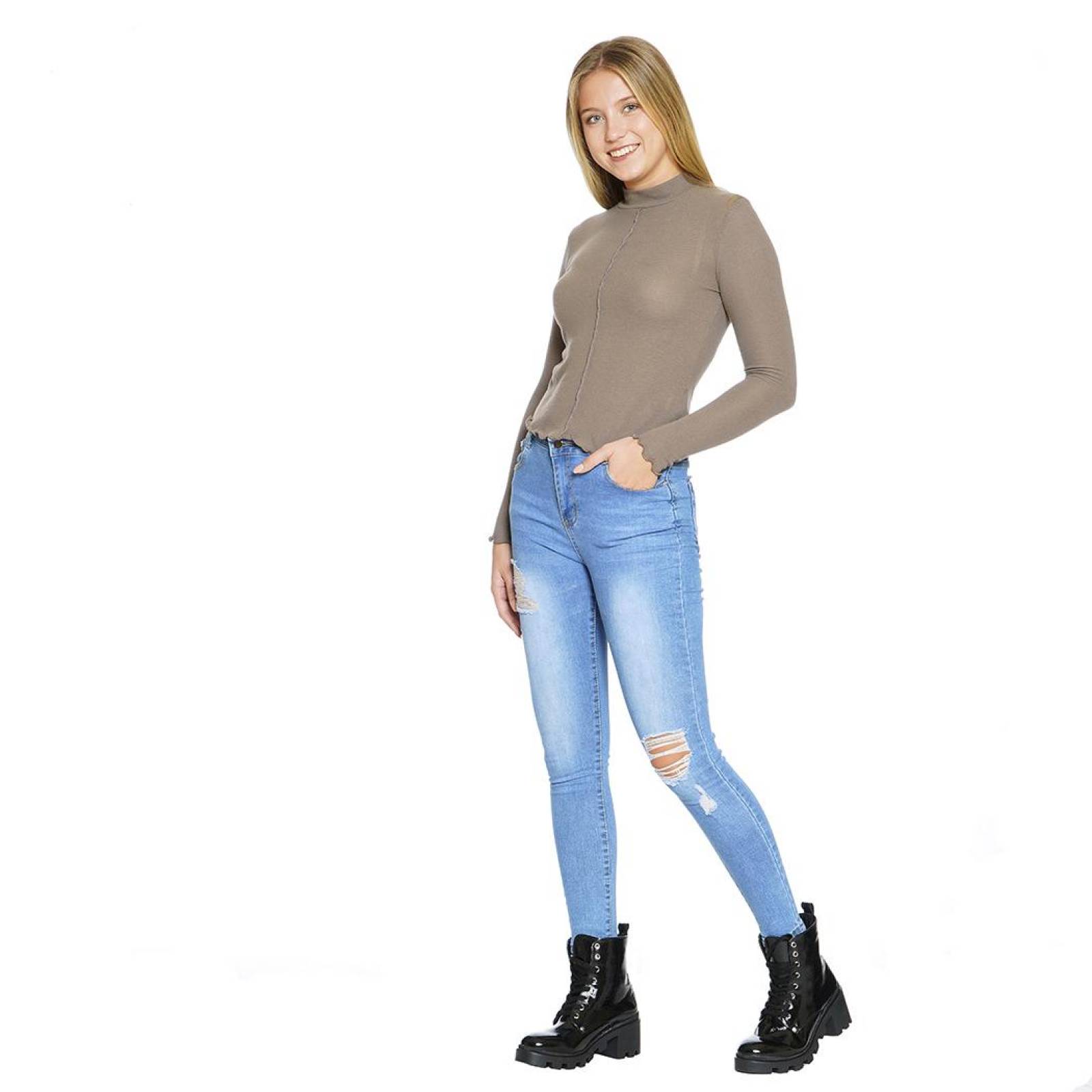 Blusa Lisa Para Mujer Manga Larga Cuello Alto Casual Ajustada Color Cocoa 330705 