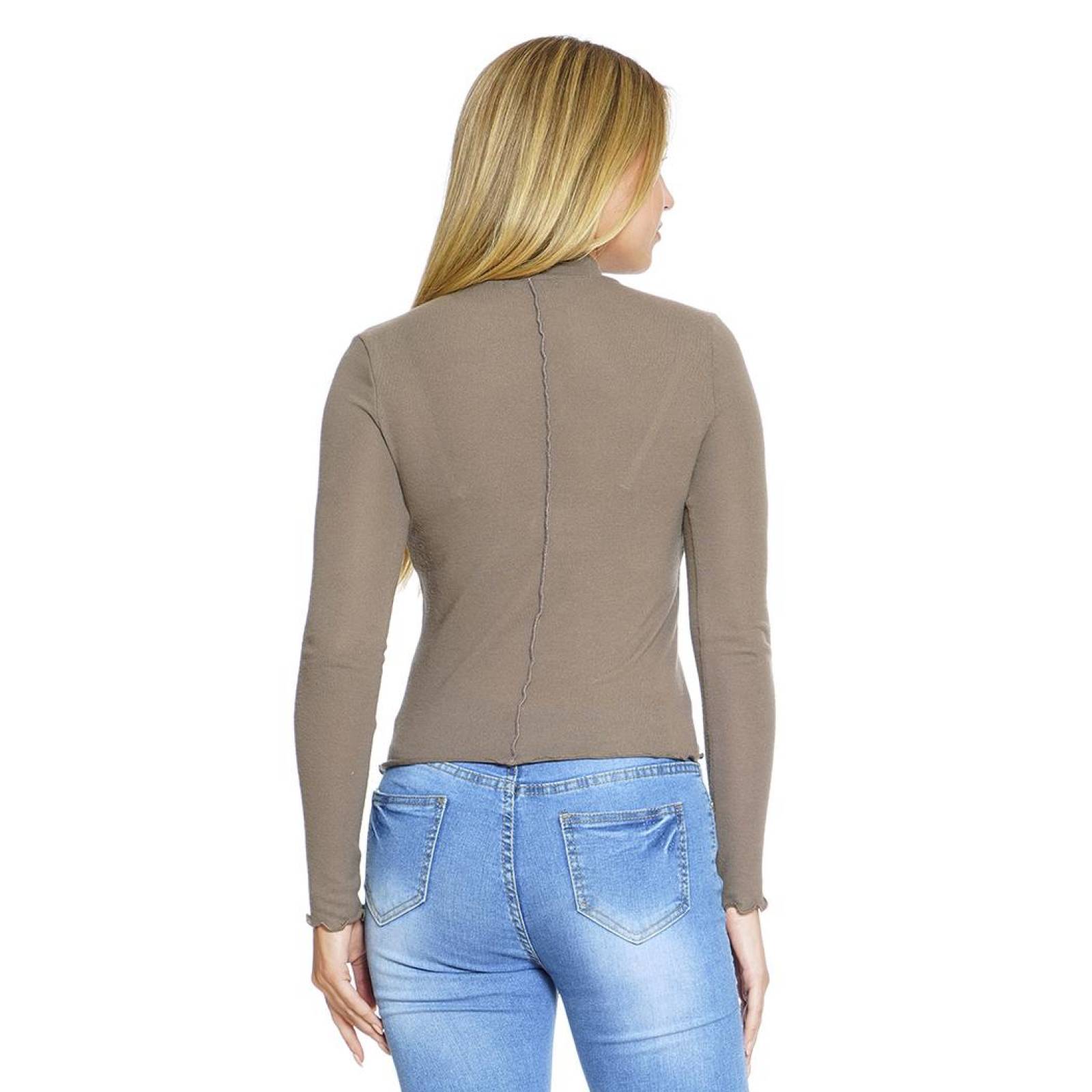 Blusa Lisa Para Mujer Manga Larga Cuello Alto Casual Ajustada Color Cocoa 330705 