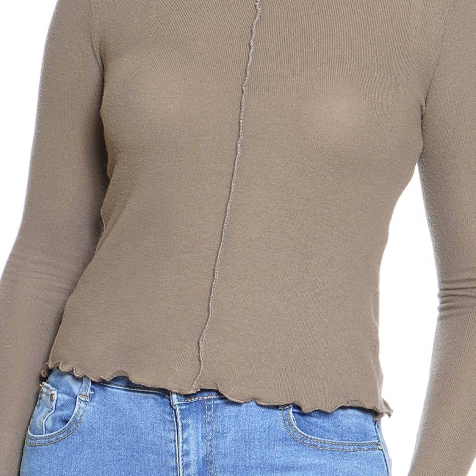 Blusa Lisa Para Mujer Manga Larga Cuello Alto Casual Ajustada Color Cocoa 330705 