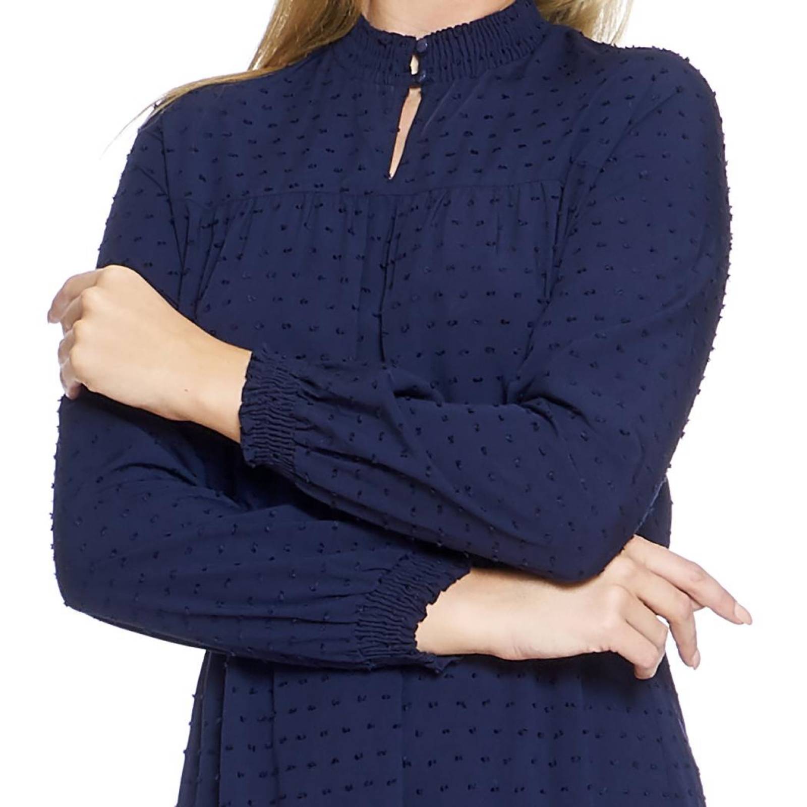 Vestido Para Mujer Con Cuello Mao Manga Larga Diseño Volante Casual Formal Elegante Clor Marino 3307 