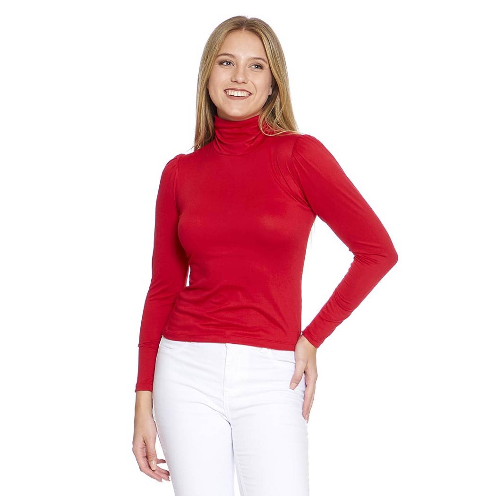 Blusa Para Mujer Lisa Básica Manga Larga y Cuello Alto Color Rojo Cómoda 330703 