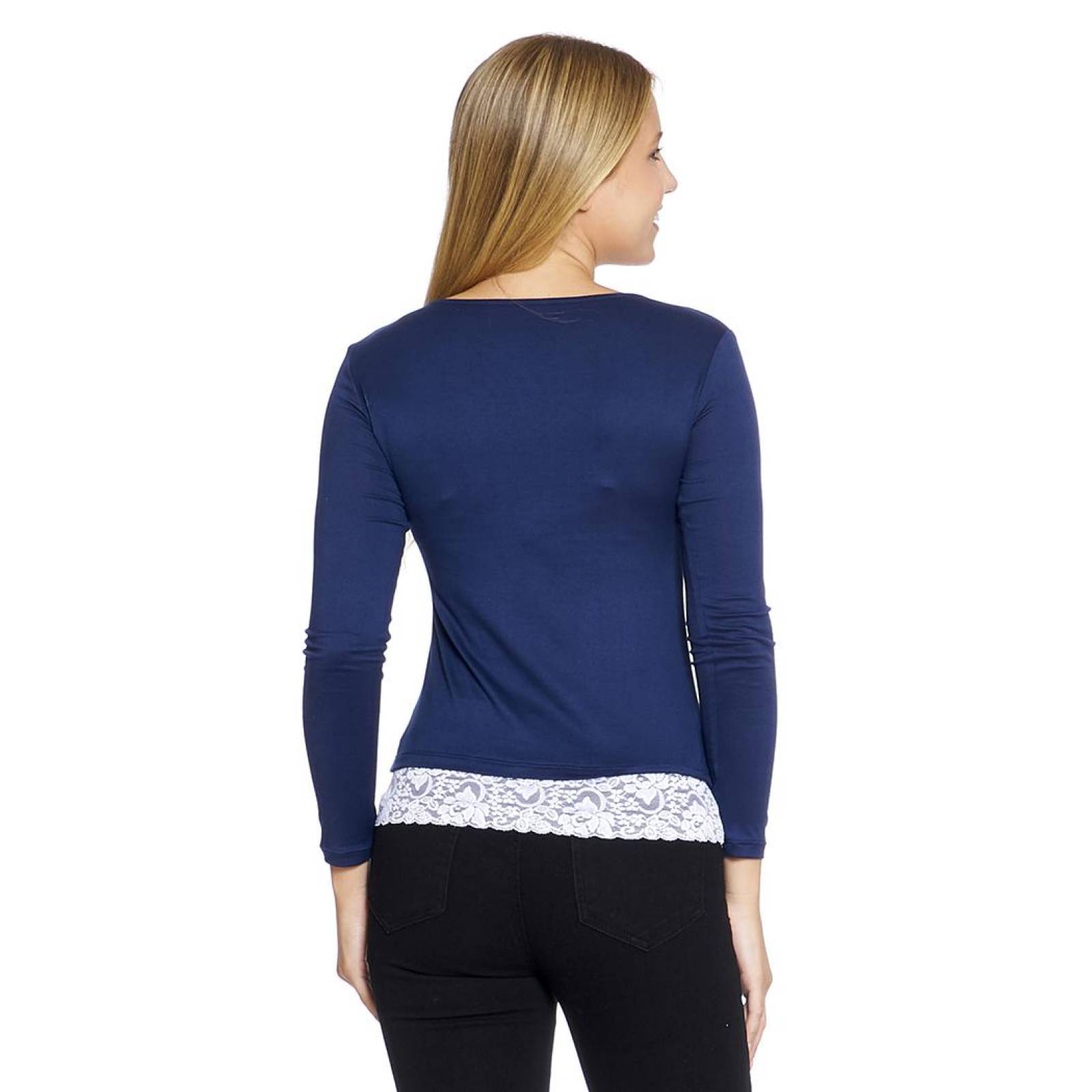 Blusa Para Mujer Doble Prenda Con Encaje Blanco Manga Larga Color Marino 330710