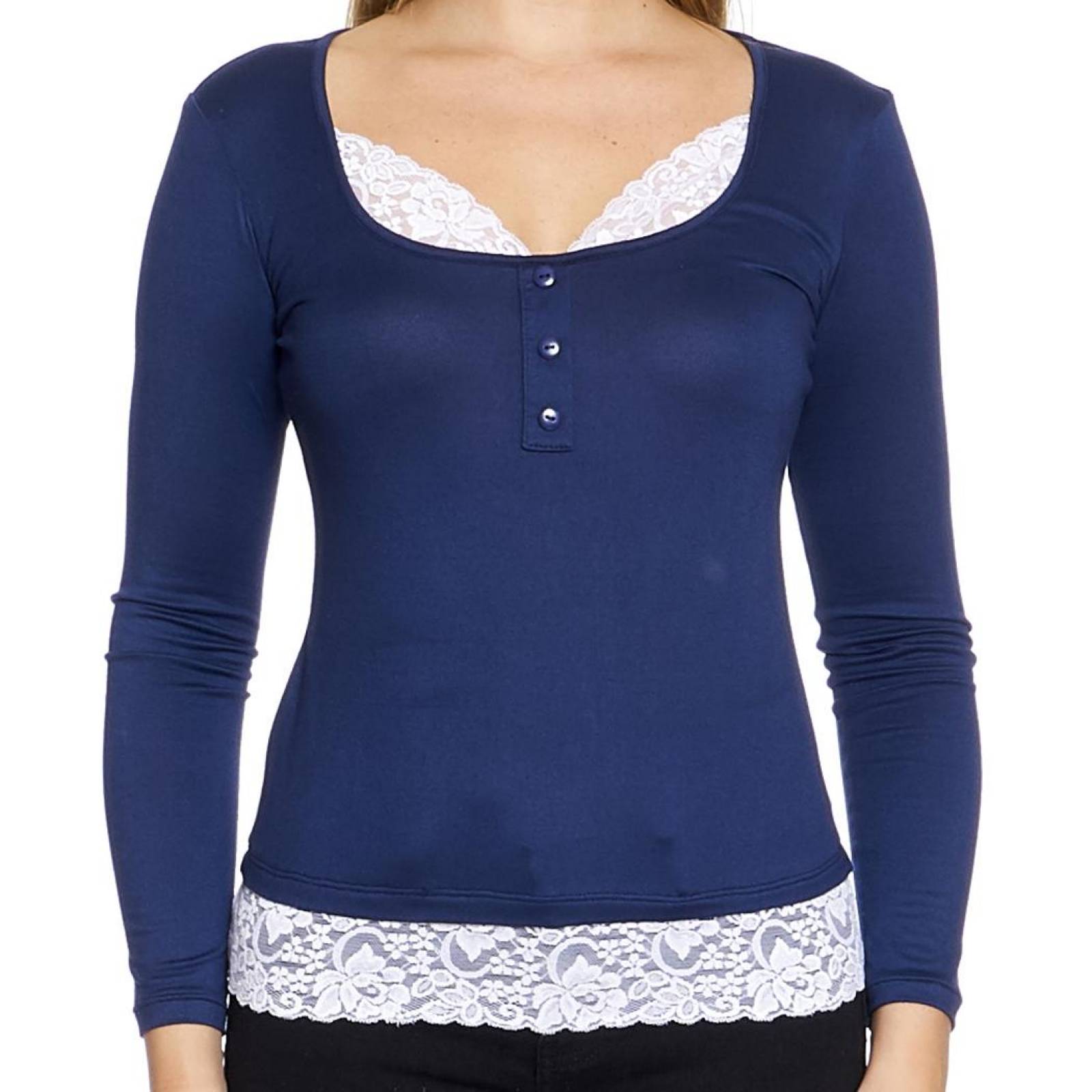 Blusa Para Mujer Doble Prenda Con Encaje Blanco Manga Larga Color Marino 330710