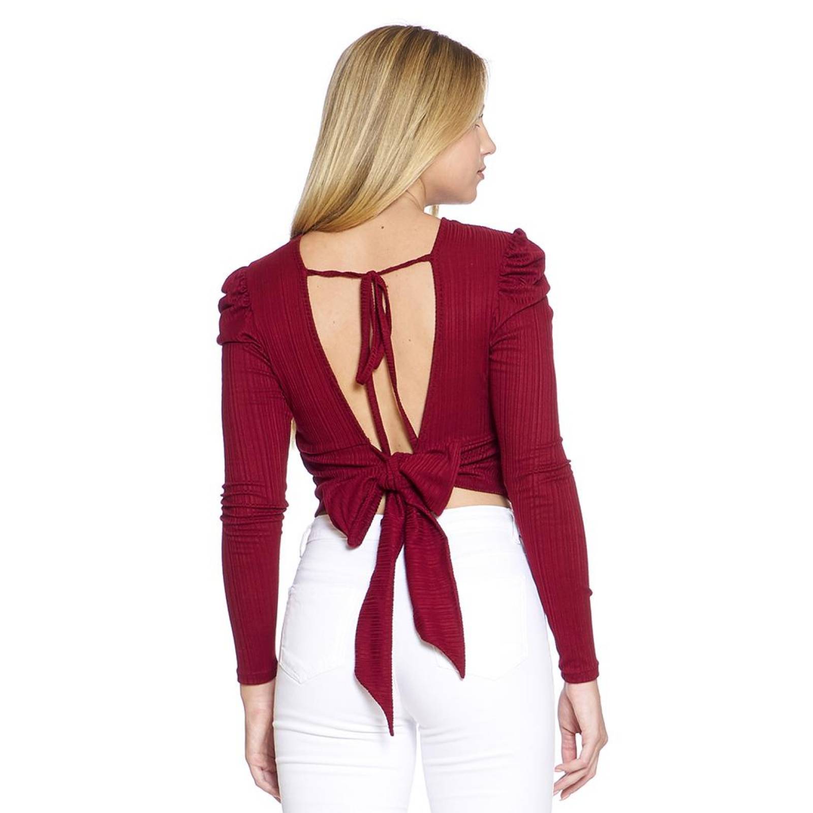 Blusa Para Mujer Con Manga Globo Abertura En Espalda Con Amarre Color Vino Casual Juvenil 330721