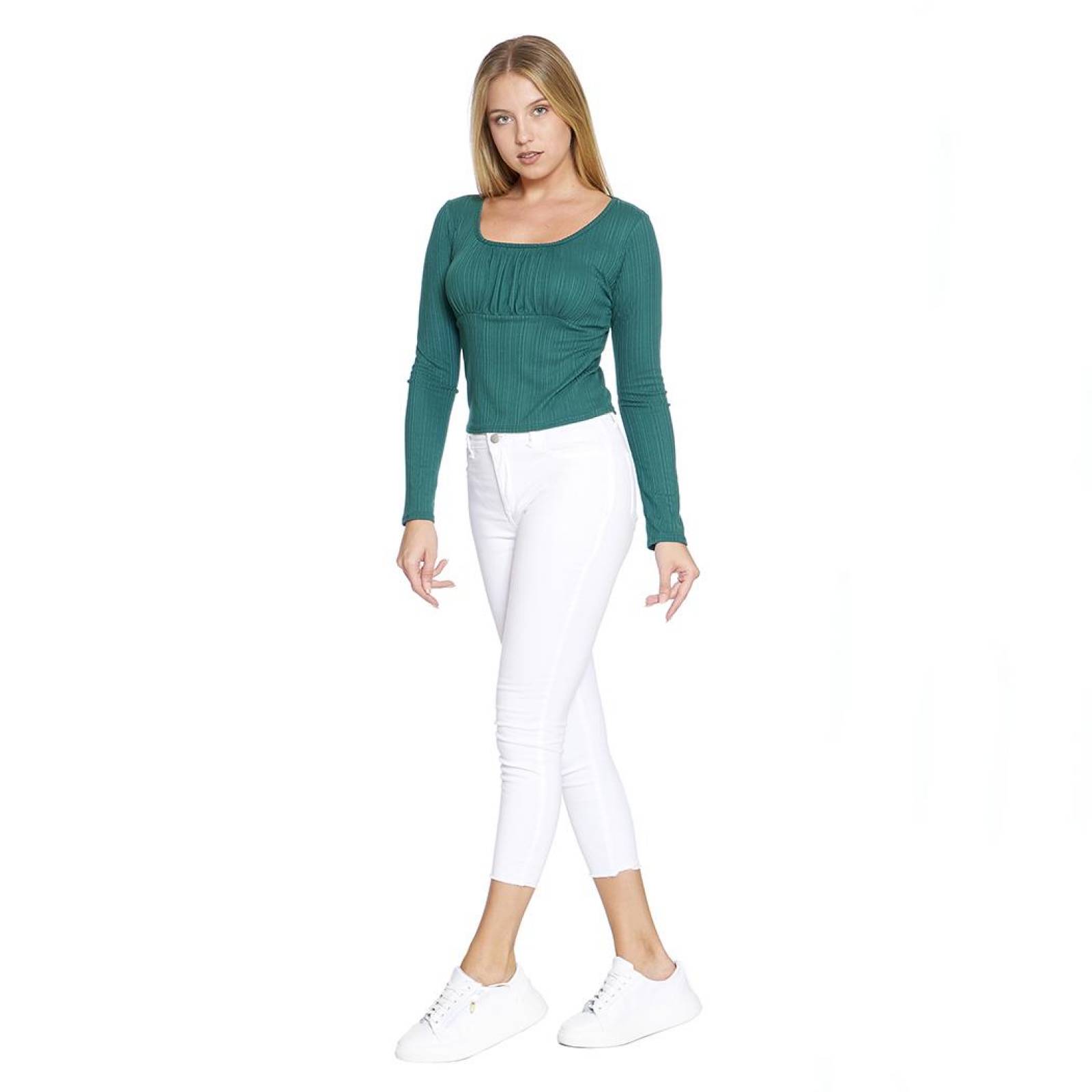 Blusa Para Mujer Con Escote Plisado Manga Larga Escote Cuadrado Verde Casual 330728 