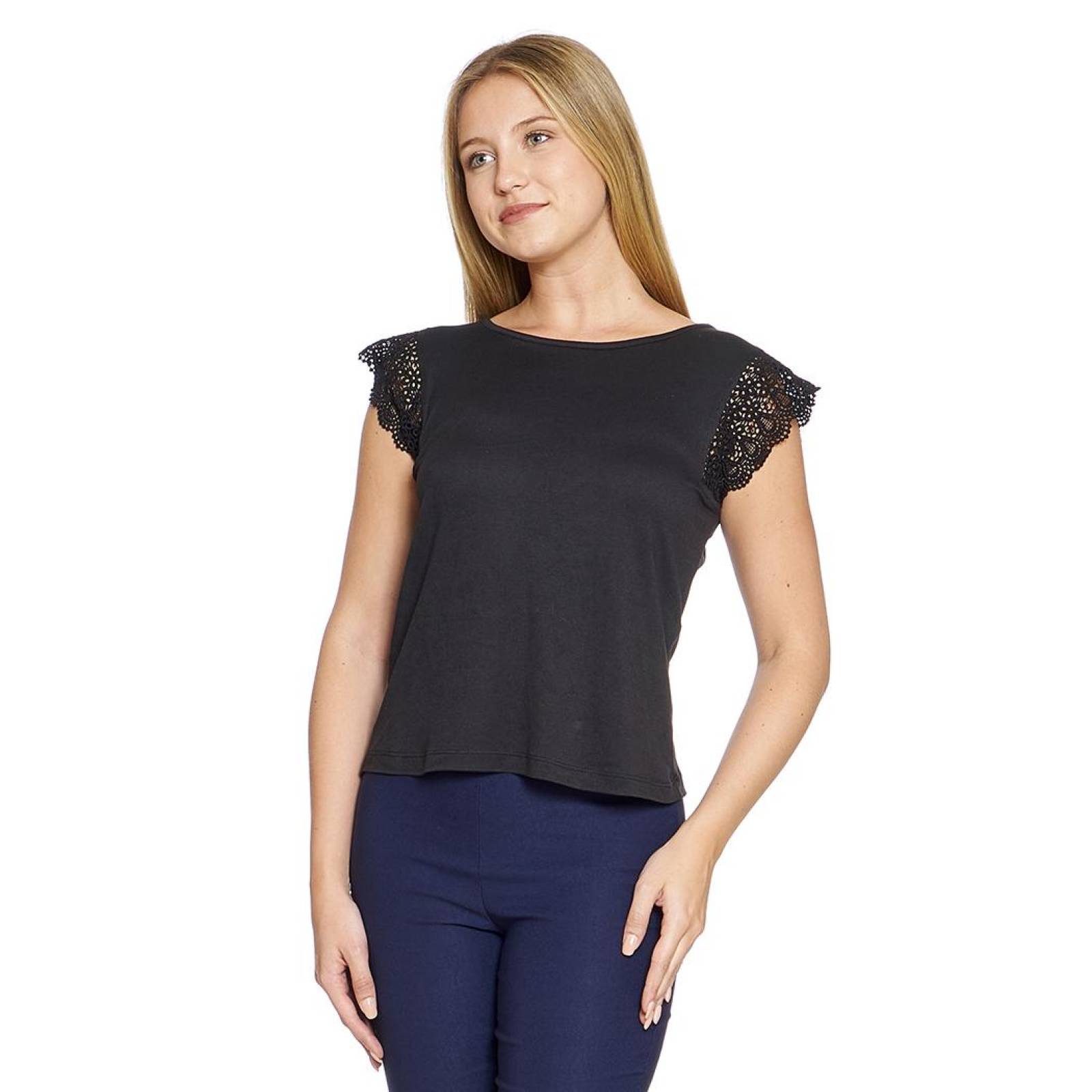 Blusa Para Mujer Con Aplicación En Manga Corta Color Negro Moda Casual 330722 