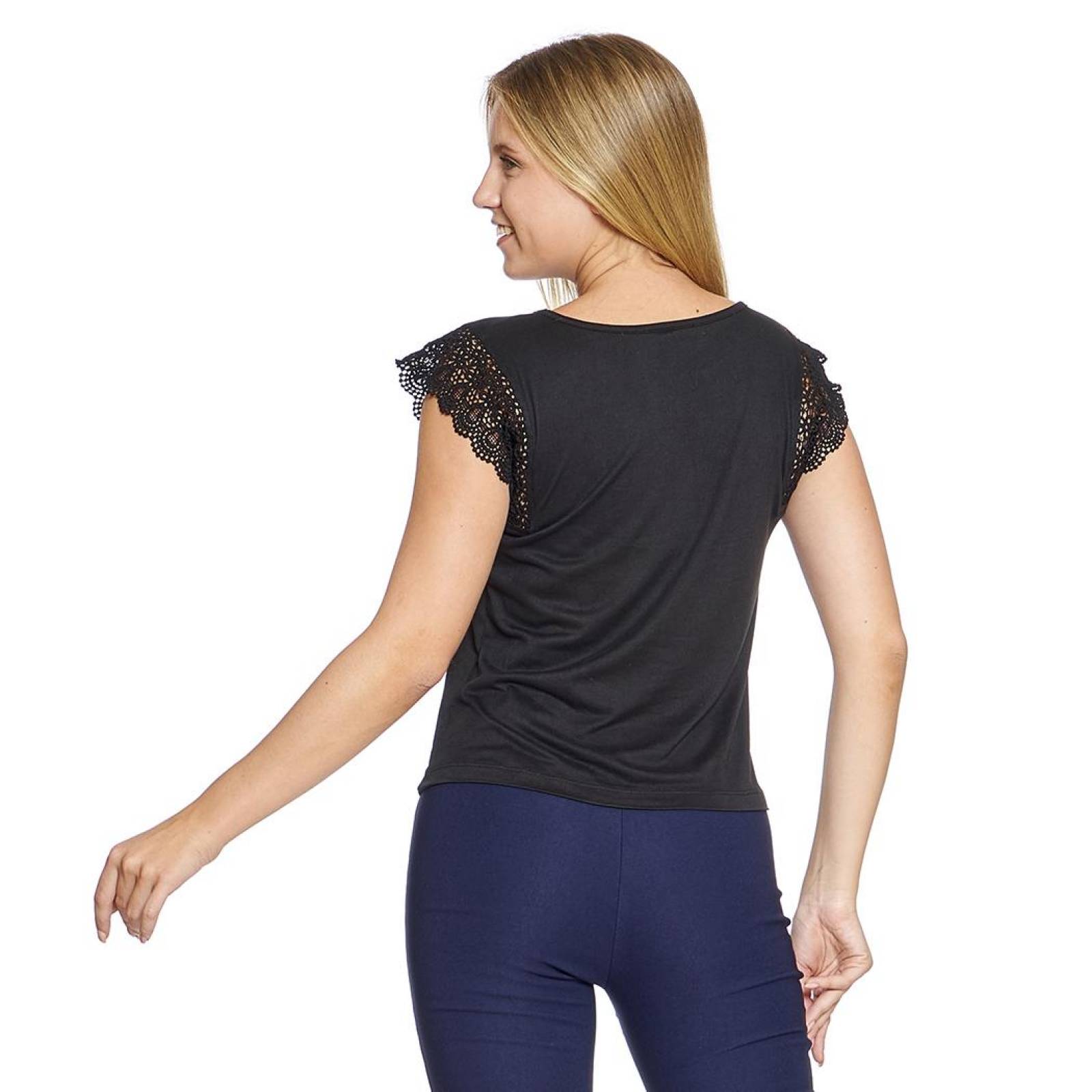 Blusa Para Mujer Con Aplicación En Manga Corta Color Negro Moda Casual 330722 