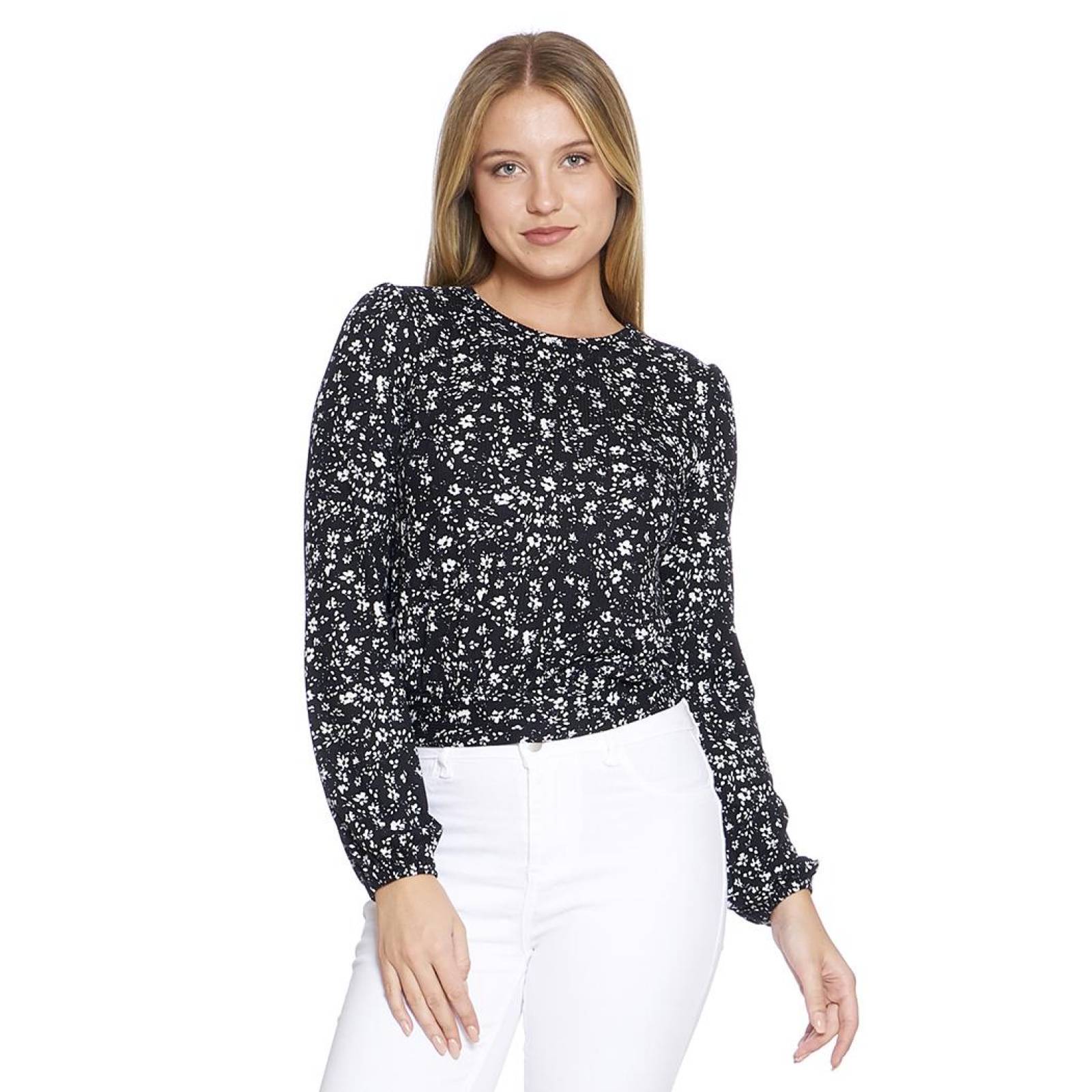 Blusa Floreada Mujer Moda Casual Manga Larga Negro Nudo en Espalda Ajustada Cuello Redondo 550404 
