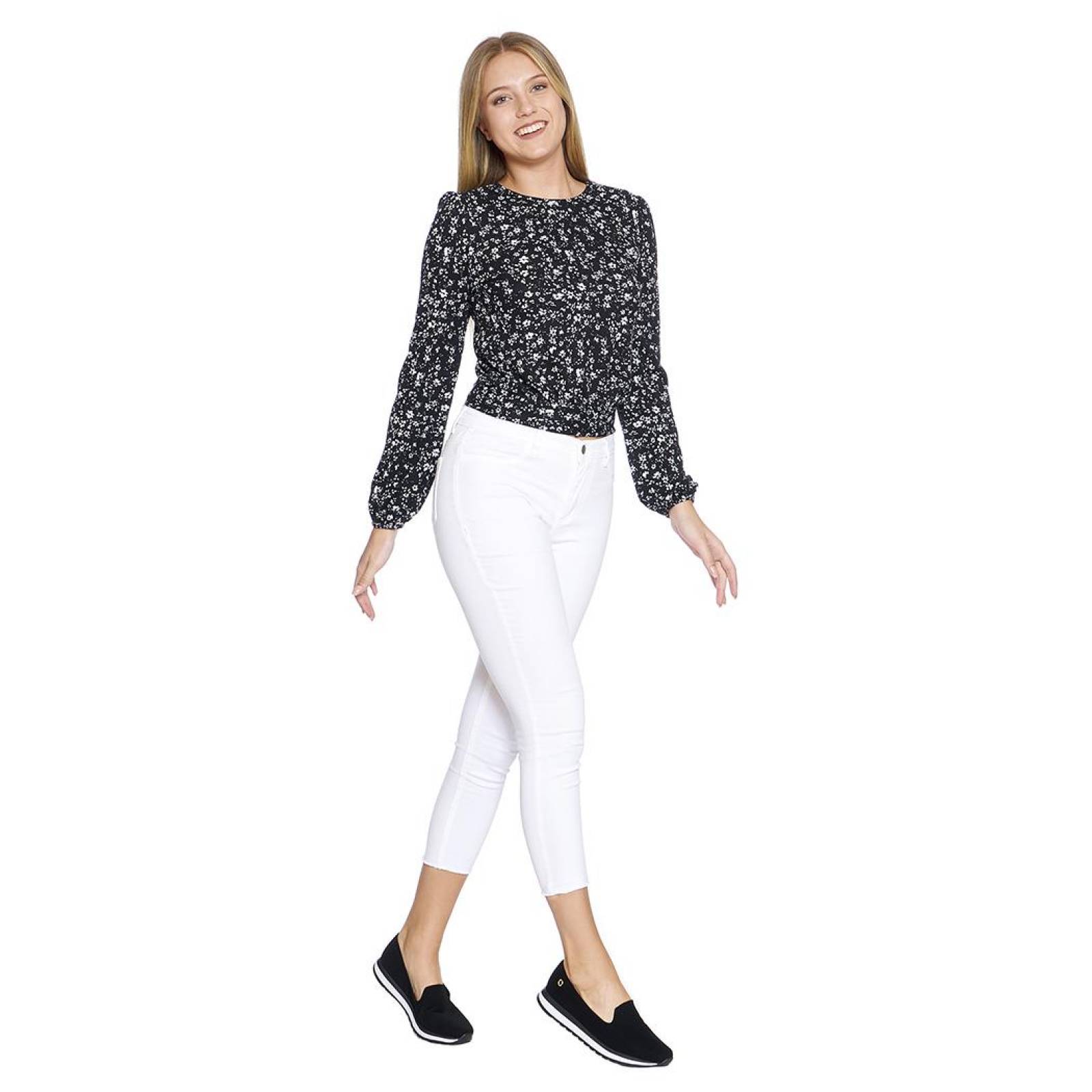 Blusa Floreada Mujer Moda Casual Manga Larga Negro Nudo en Espalda Ajustada Cuello Redondo 550404 