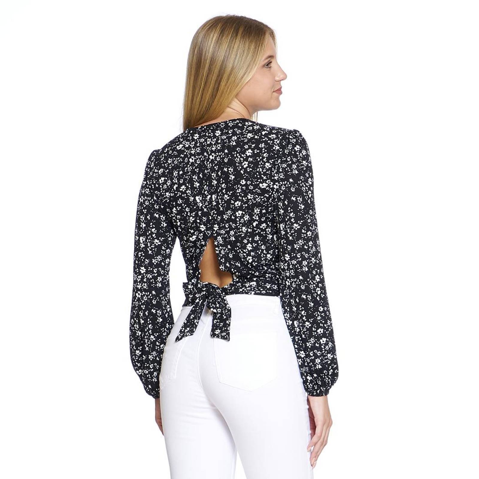 Blusa Floreada Mujer Moda Casual Manga Larga Negro Nudo en Espalda Ajustada Cuello Redondo 550404 