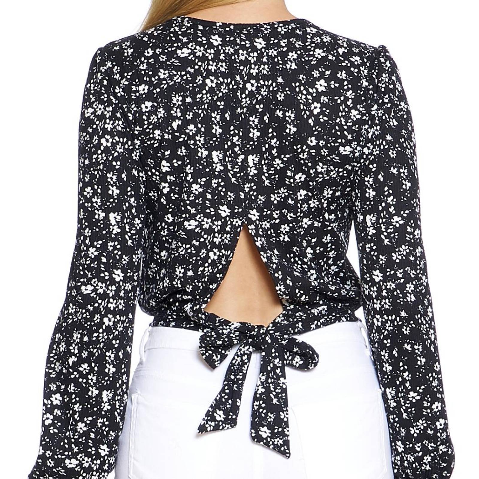 Blusa Floreada Mujer Moda Casual Manga Larga Negro Nudo en Espalda Ajustada Cuello Redondo 550404 