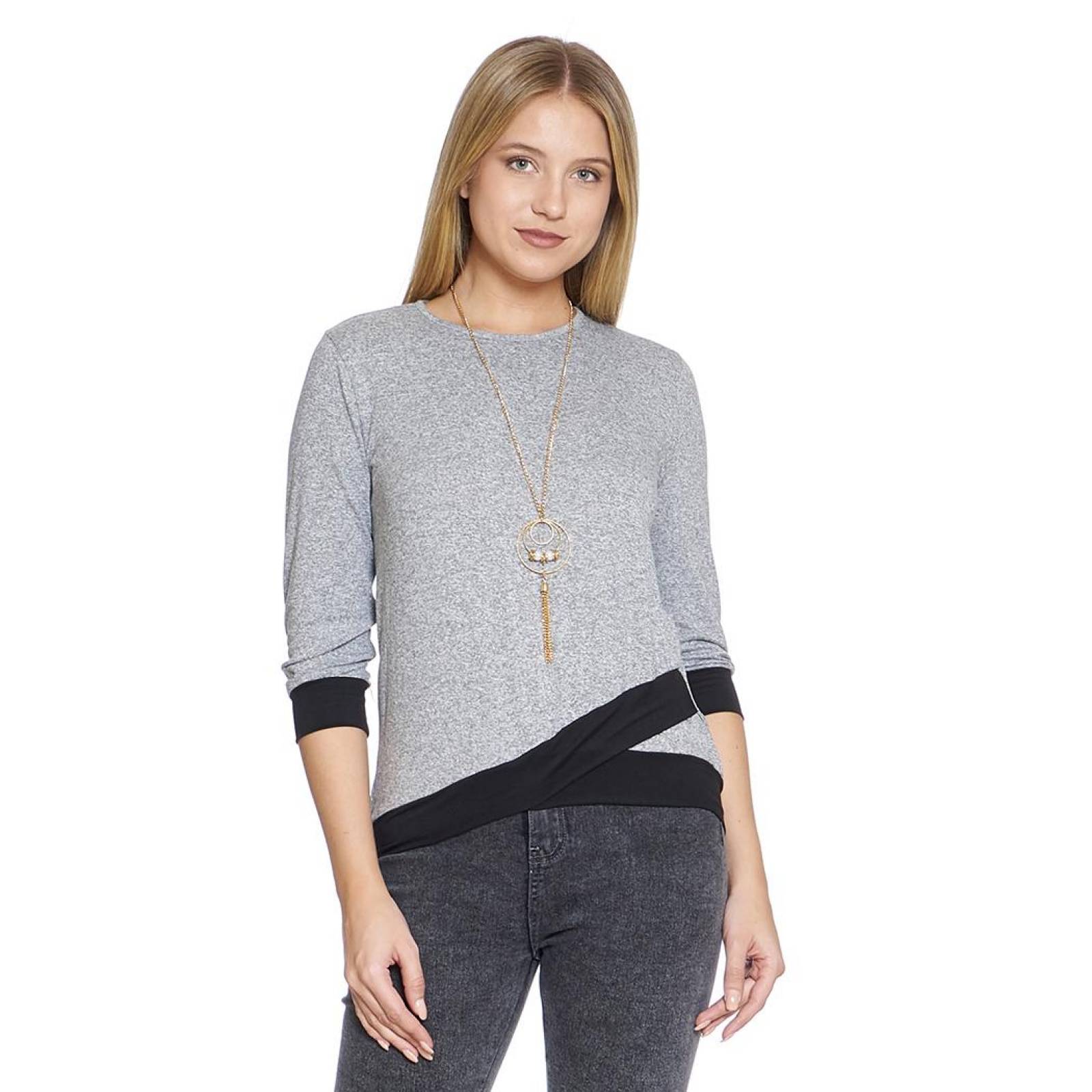 Blusa Mujer Moda Formal Gris Negro Manga Larga 3/4 Efecto Cruzado Collar Cuello Redondo 550399