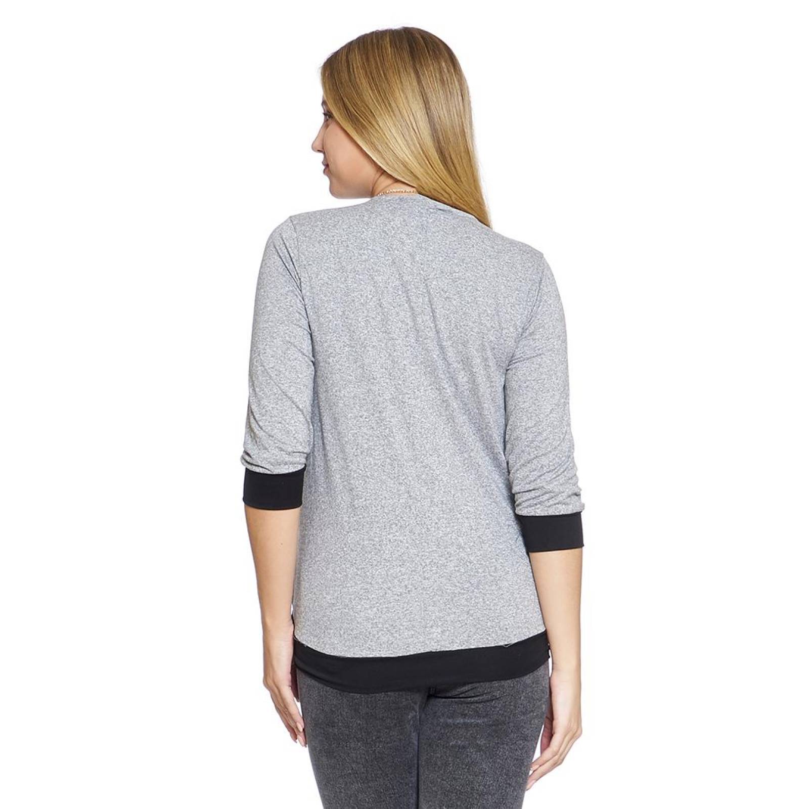 Blusa Mujer Moda Formal Gris Negro Manga Larga 3/4 Efecto Cruzado Collar Cuello Redondo 550399