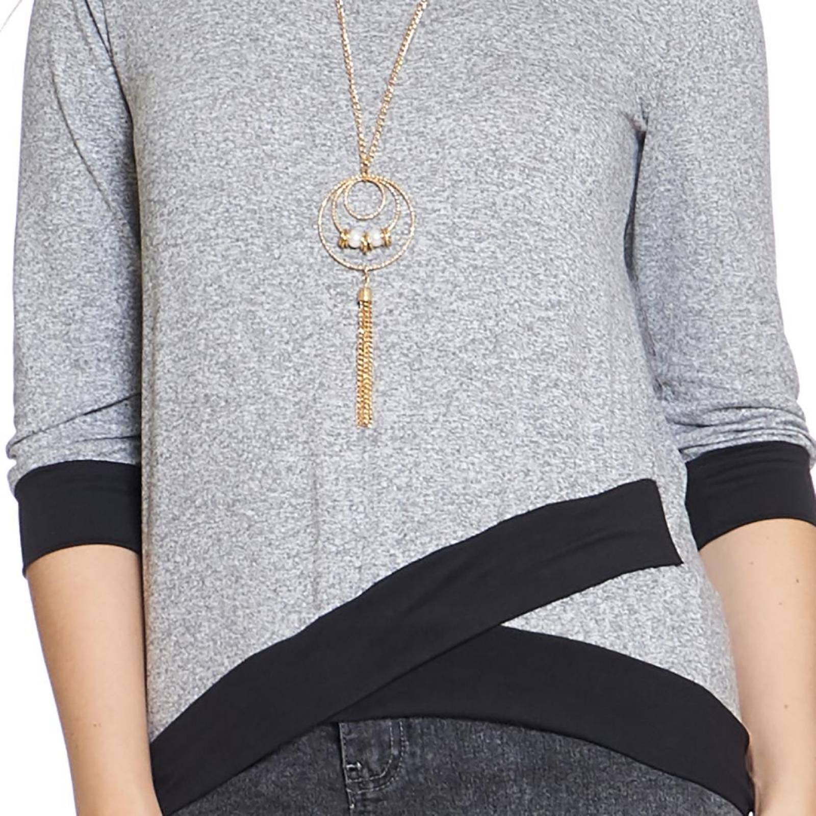 Blusa Mujer Moda Formal Gris Negro Manga Larga 3/4 Efecto Cruzado Collar Cuello Redondo 550399