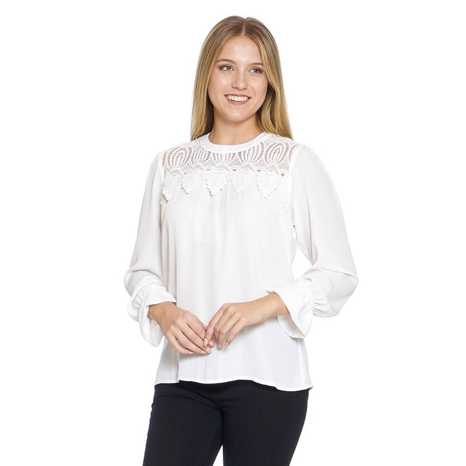 Blusa Para Mujer Manga Larga Con Aplicación Color Blanco Moda Casual 550412 