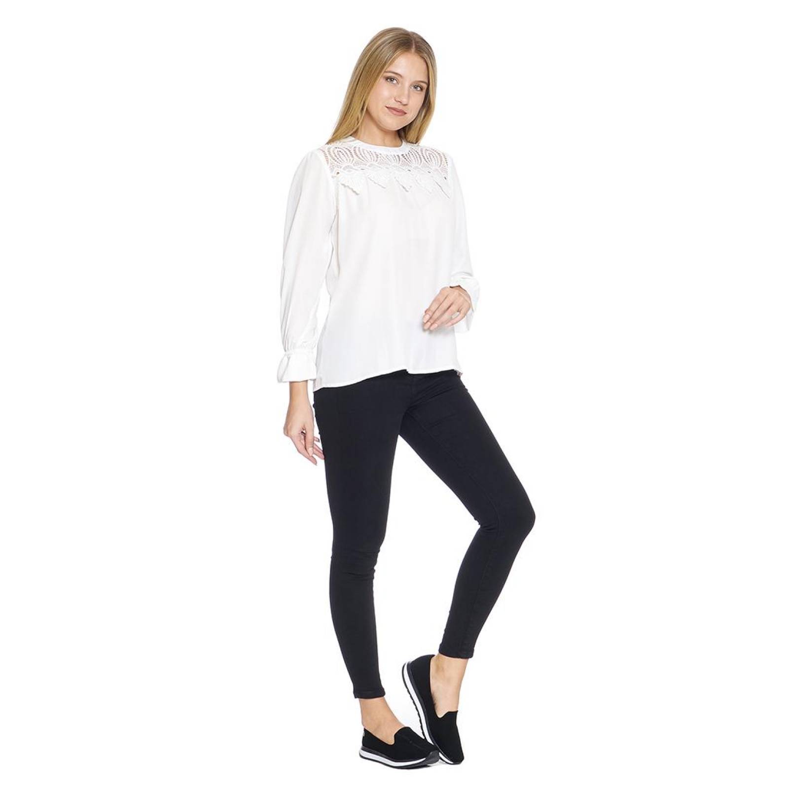 Blusa Para Mujer Manga Larga Con Aplicación Color Blanco Moda Casual 550412 