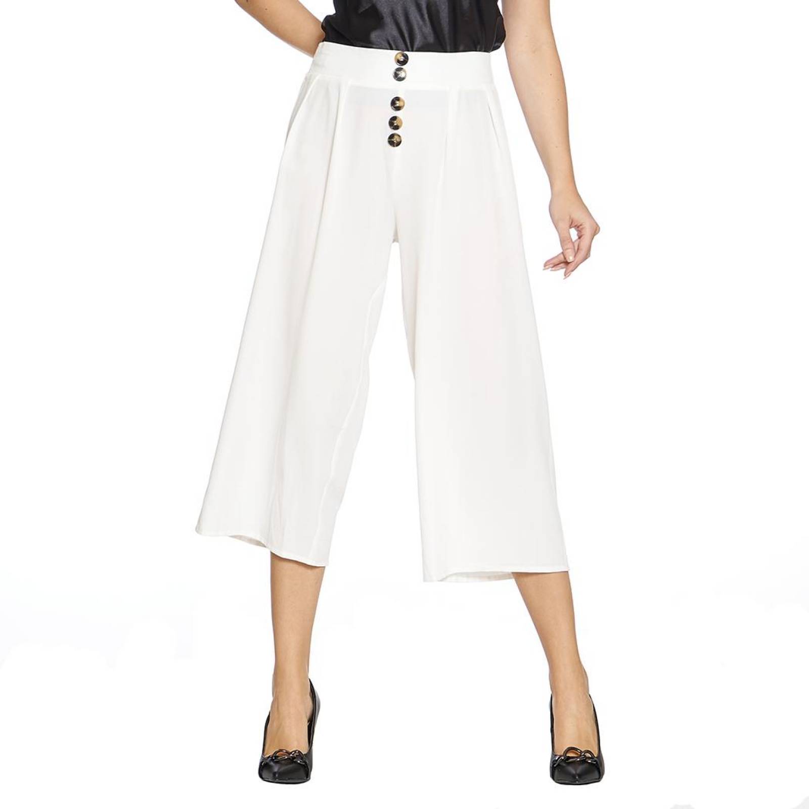 Pantalón Para Mujer Ancho Corto Tiro Alto Con Botones Color Hueso Casual 330720 