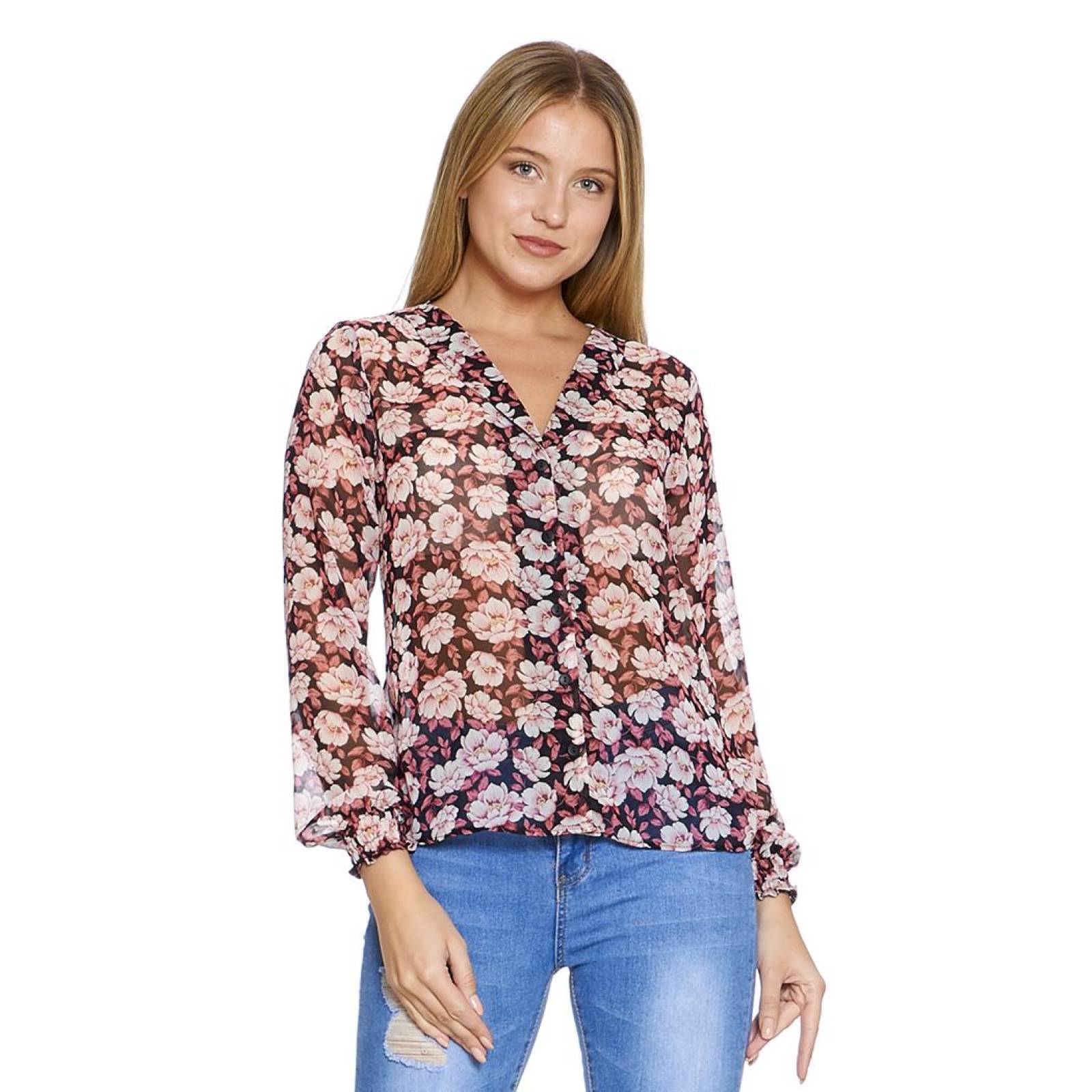 Blusa Para Mujer Ligera Puño Con Resorte Manga Larga Diseño Flores 550403 
