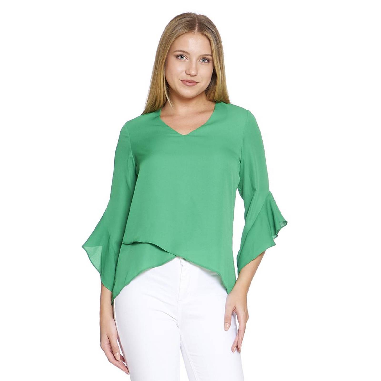 Blusa Para Mujer Corte Asimetrico Manga 3/4 Con Olanes Cuello V Color Verde 550410 