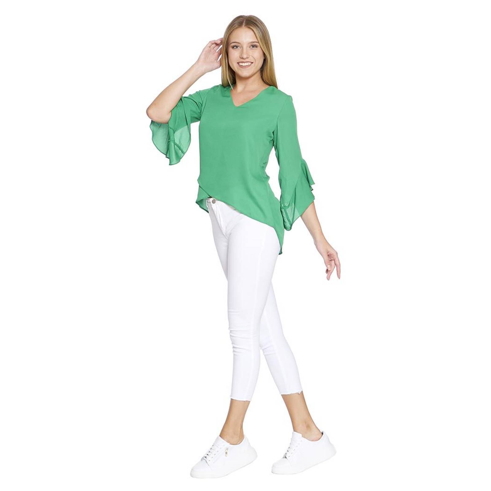 Blusa Para Mujer Corte Asimetrico Manga 3/4 Con Olanes Cuello V Color Verde 550410 