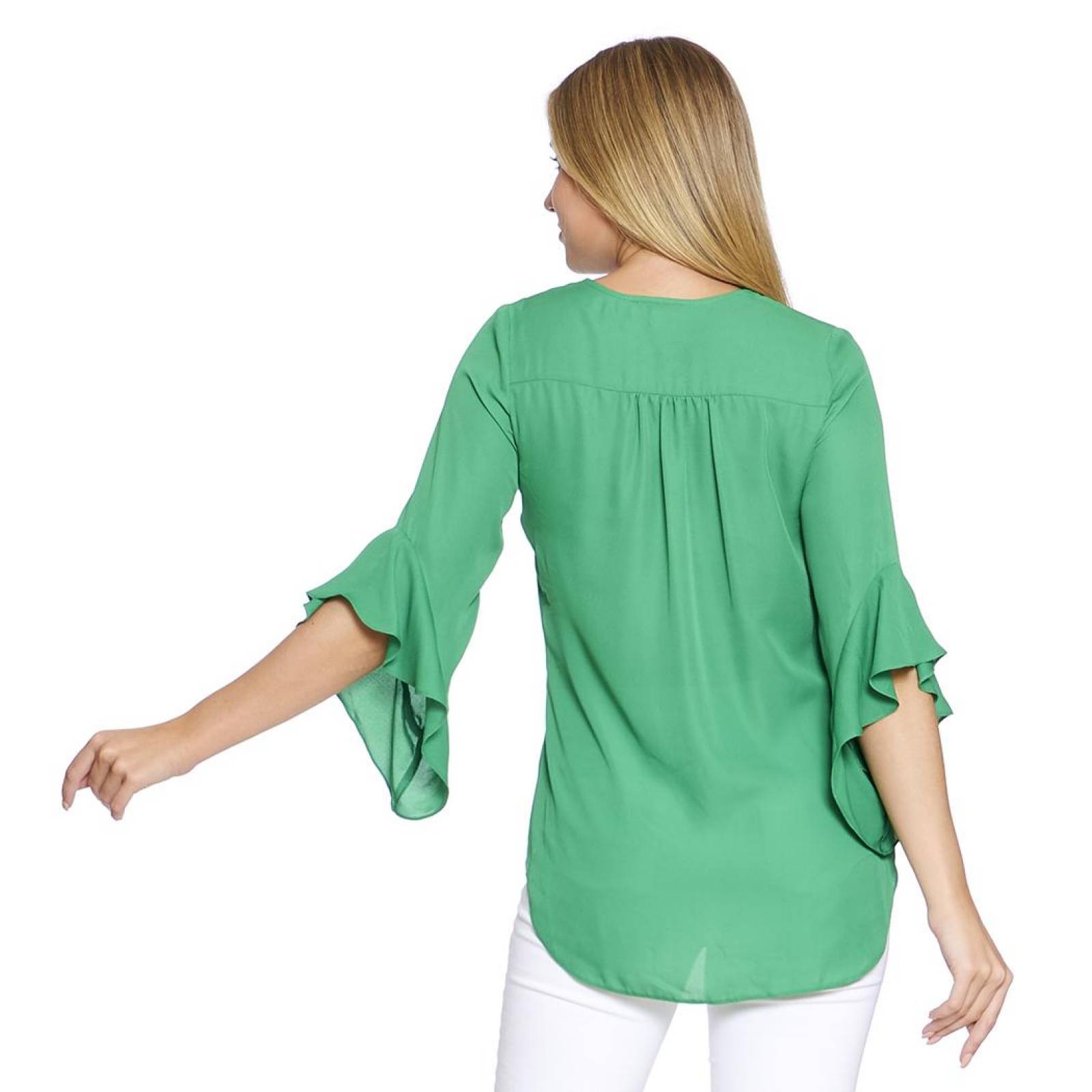 Blusa Para Mujer Corte Asimetrico Manga 3/4 Con Olanes Cuello V Color Verde 550410 
