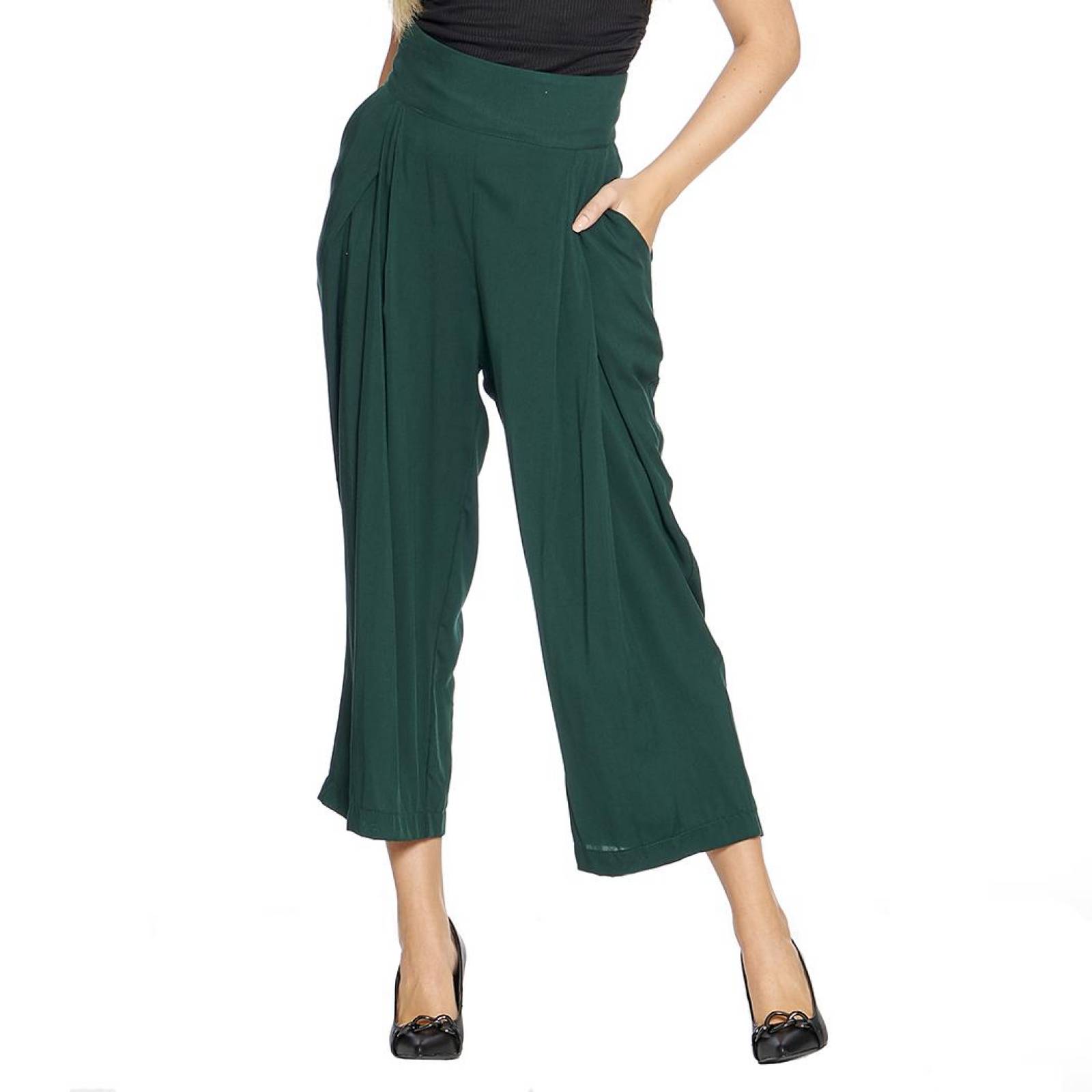 Pantalón Para Mujer Amplio Corto Con Tiro Alto y Bolsas Moda Casual Color Verde 330691 