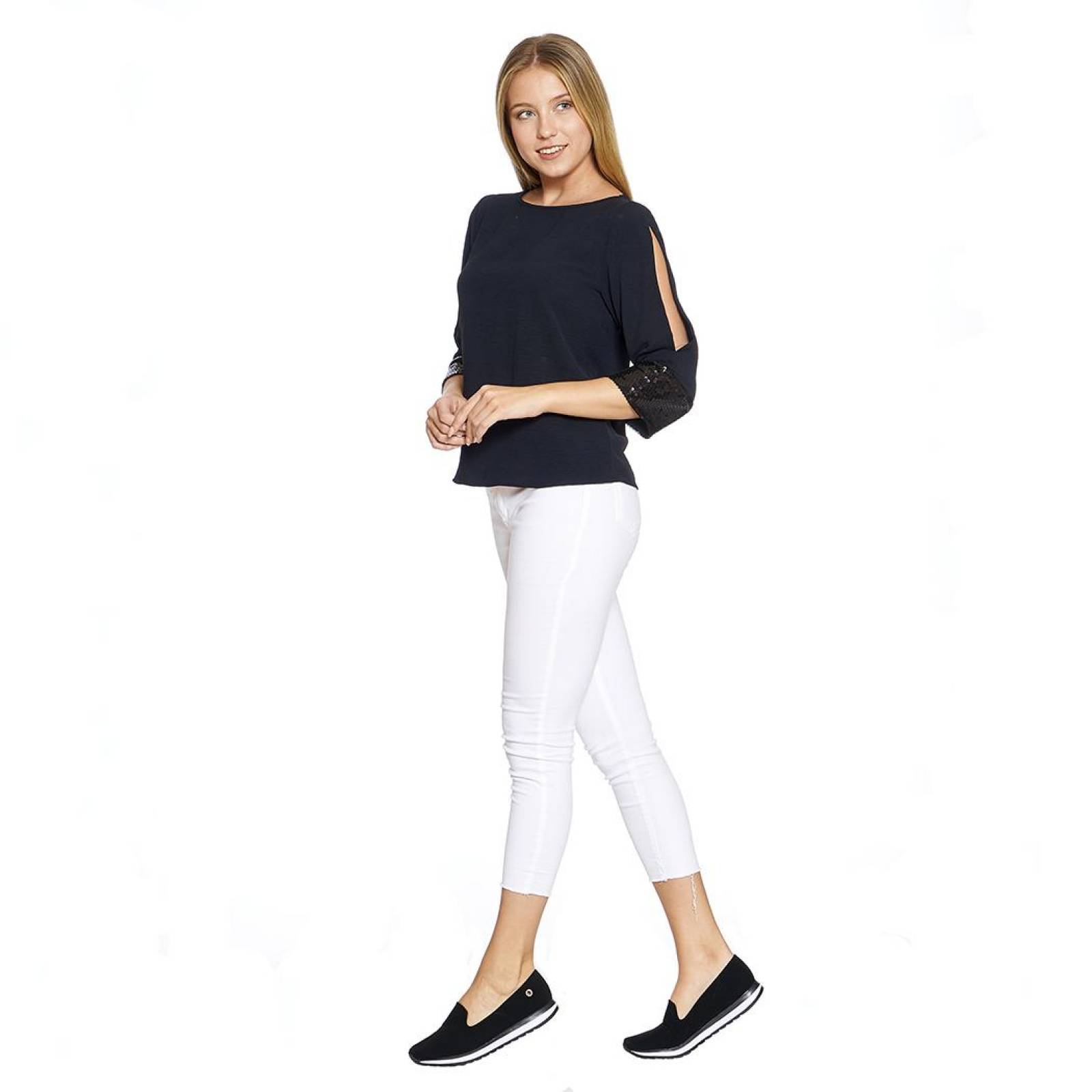 Blusa Mujer Moda Casual Manga Descubierta 3/4 Negro Lentejuelas Cuello Redondo Color Liso 550396 