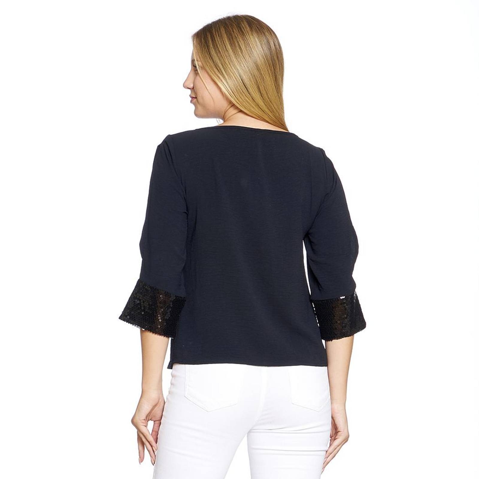 Blusa Mujer Moda Casual Manga Descubierta 3/4 Negro Lentejuelas Cuello Redondo Color Liso 550396 