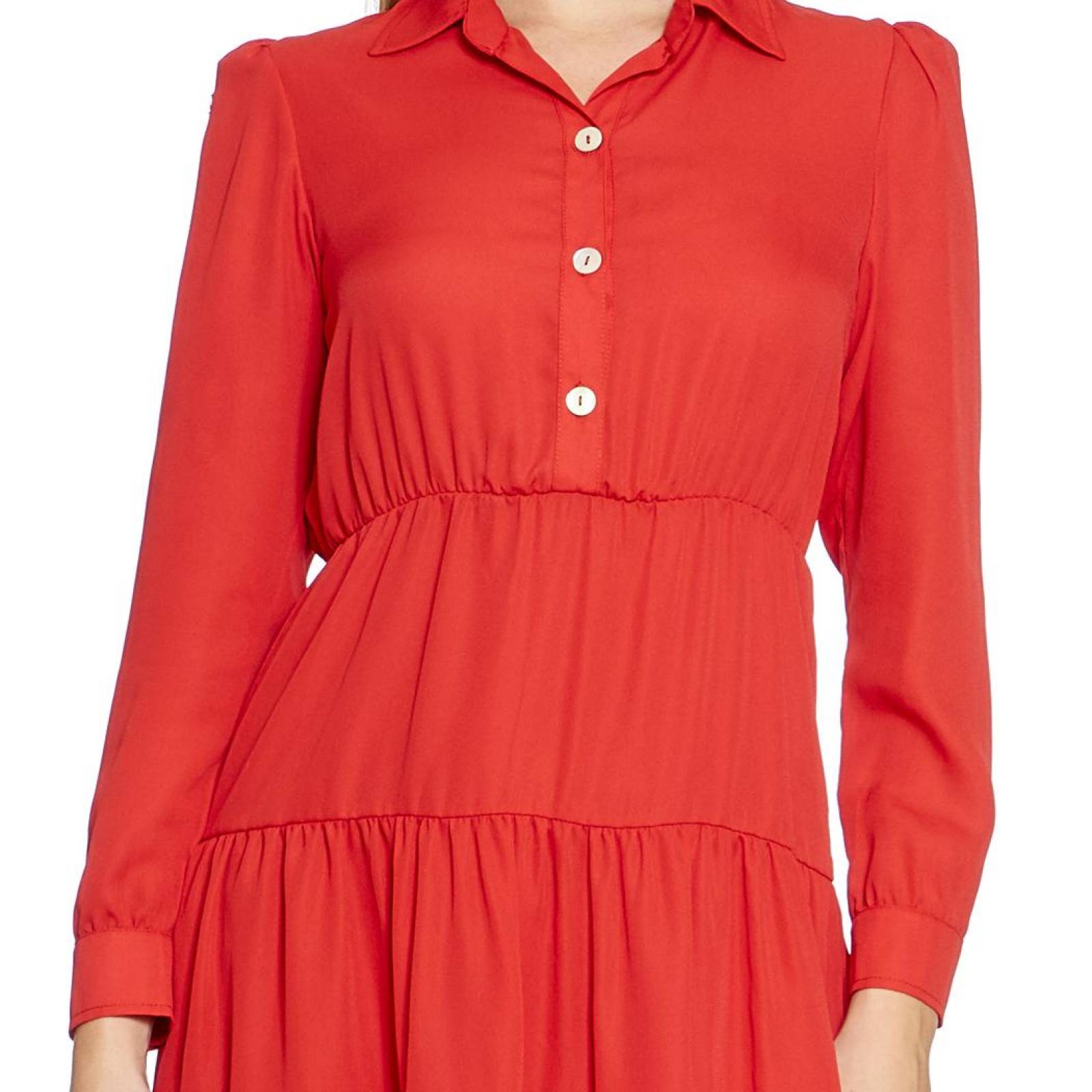 Vestido Corto Mujer Manga Larga Moda Casual Rojo Holgado Cuello Camisa Botones 330734 