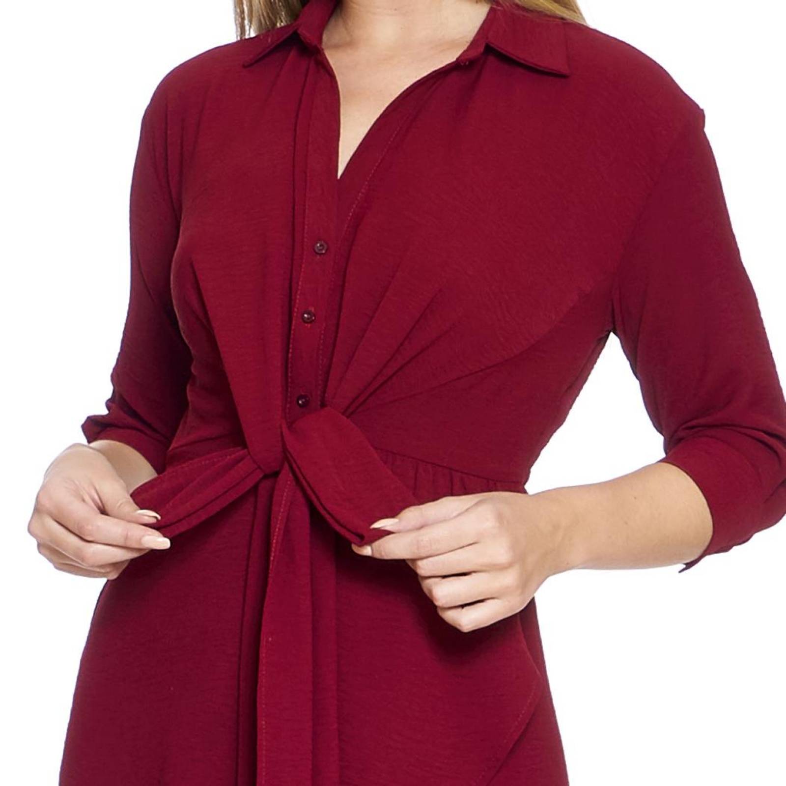 Vestido Corto Mujer Manga 3/4 Moda Casual Vino Cinto Delantero Cómodo Básico Cuello Camisa 550390 