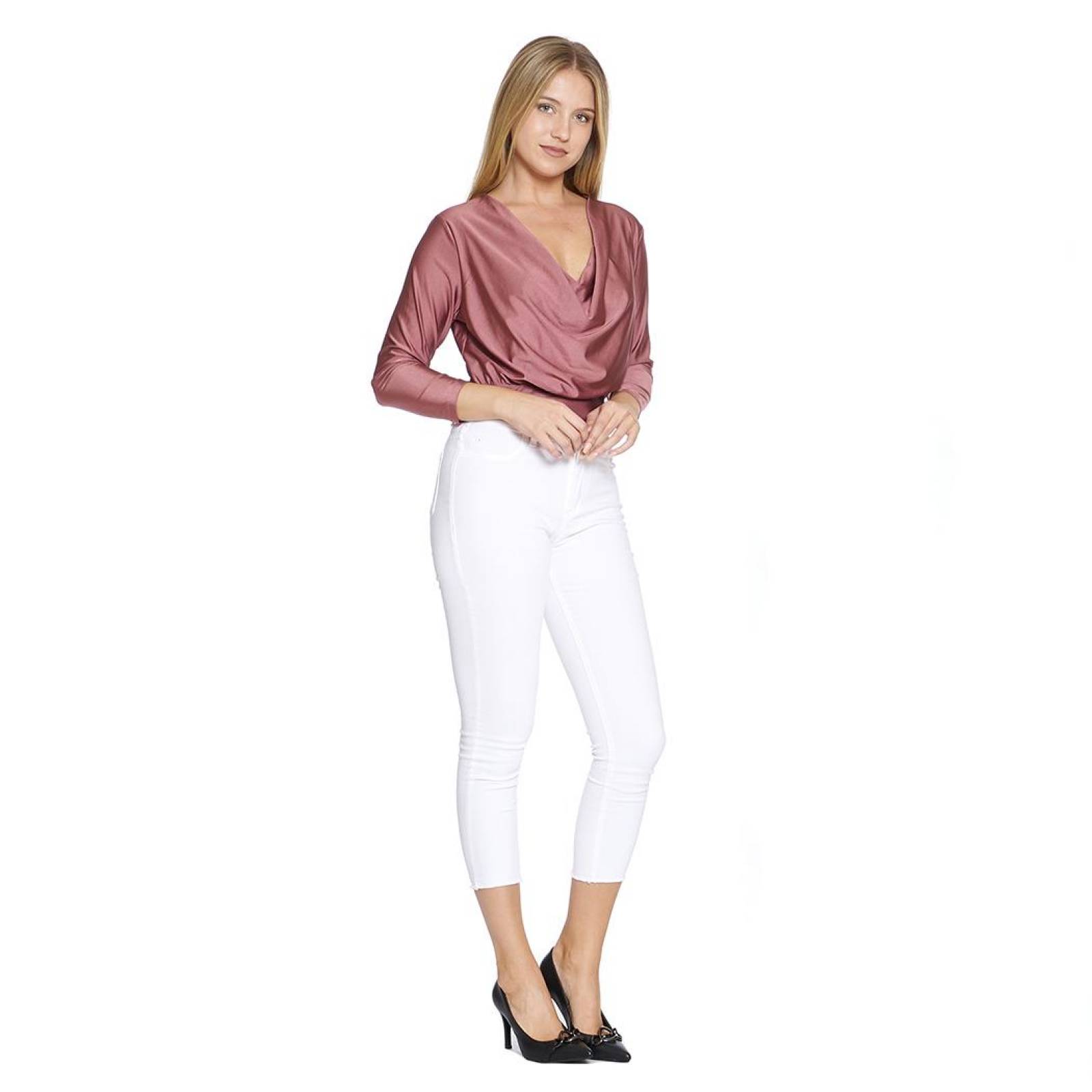 Blusa Corta Ajustada Mujer Moda Formal Casual Rosa Cómoda Básica Manga Larga Cuello 330707 