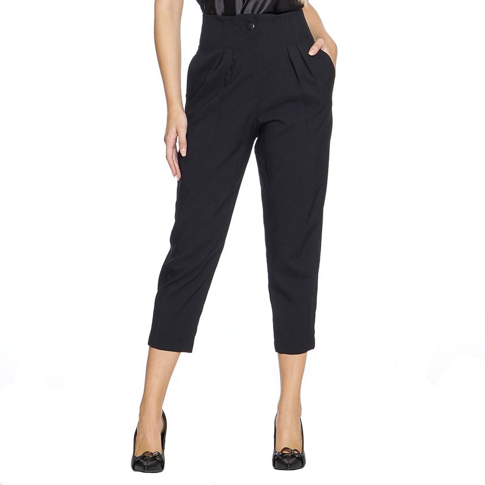 Pantalón Mujer 3/4 Pinzas Moda Casual Formal Cintura Alta Negro Cómodo Básico Corte Recto 330741 