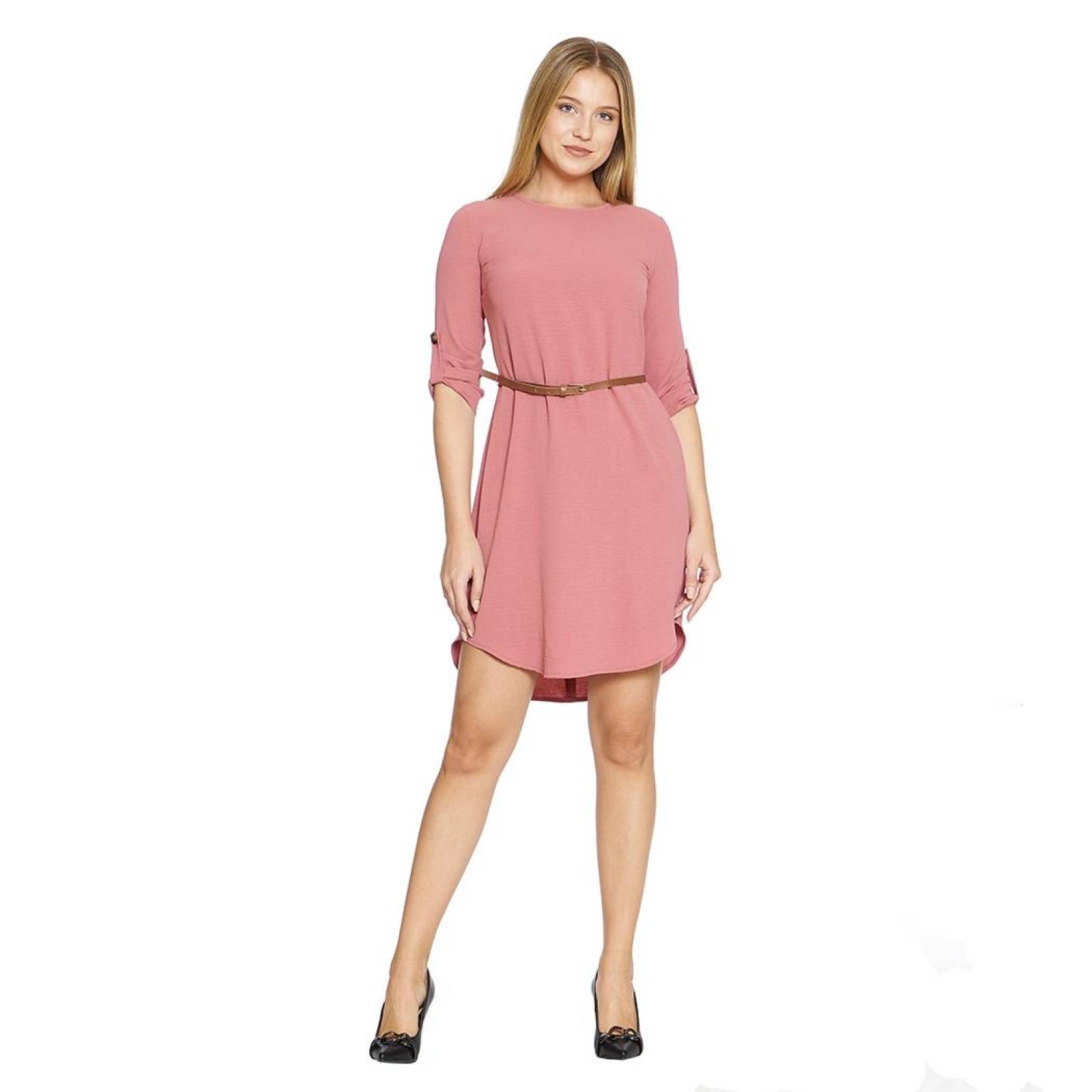 Vestido Corto Holgado Mujer Manga Corta Moda Casual Formal Palo de Rosa Cuello Redondo Cómodo
