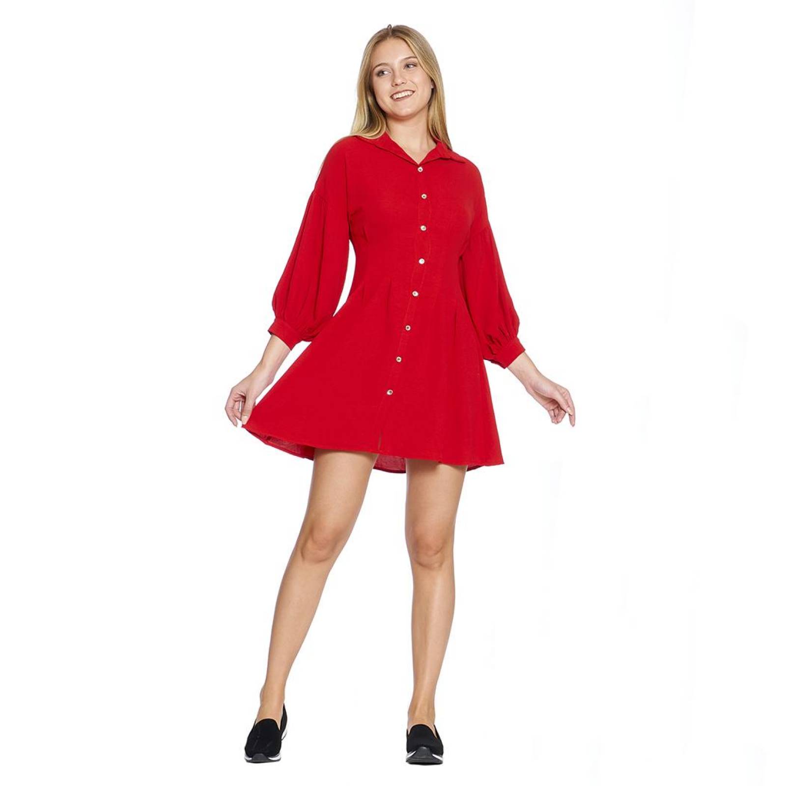 Vestido Corto Holgado Mujer Manga 3/4 Tipo Farol Rojo Moda Casual