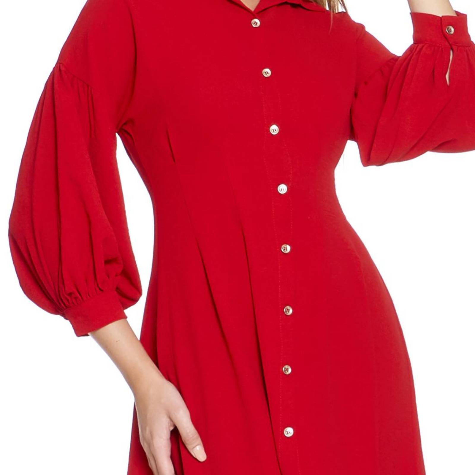 Vestido Corto Holgado Mujer Manga 3/4 Tipo Farol Rojo Moda Casual Cómodo Cuello Camisa 330692 
