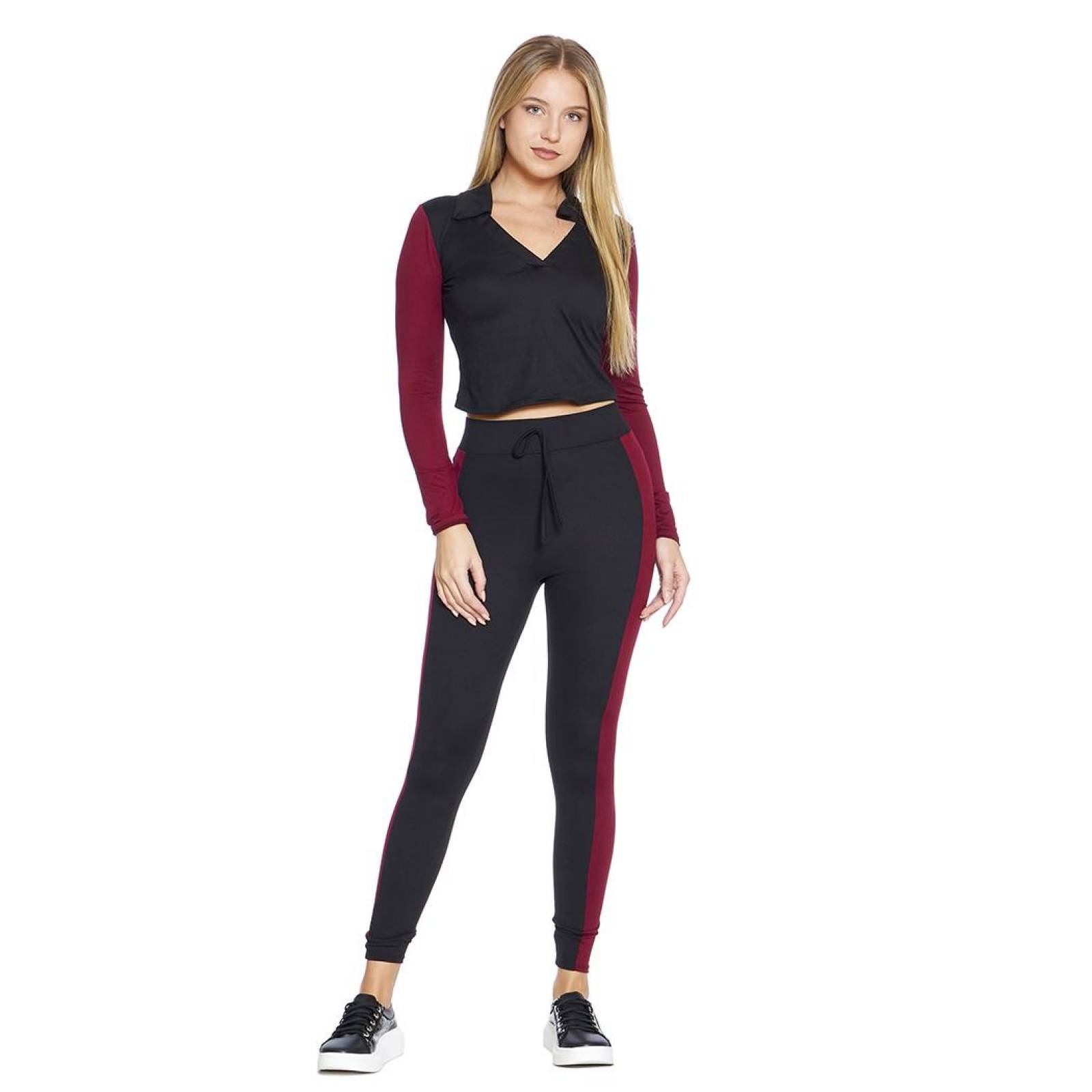 Conjunto Deportivo Mujer 2 Piezas Pantalón Leggins Bicolor Negro Vino Sudadera Manga Larga 